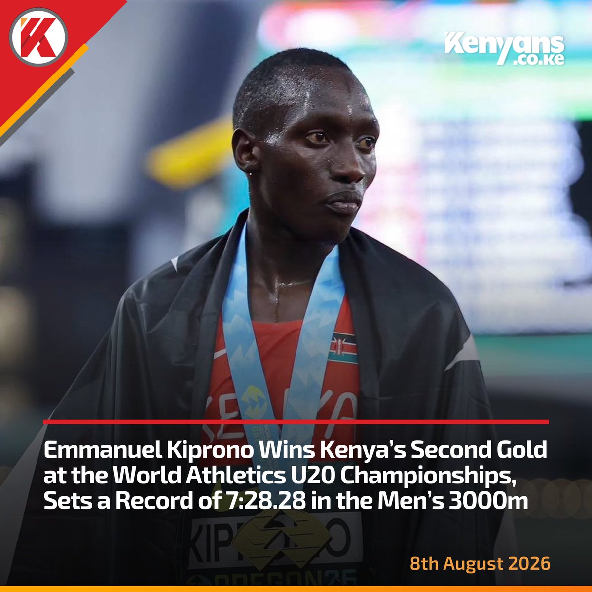 Kenyans's tweet photo. Emmanuel Kiprono wins Kenya’s second gold at the World Athletics U20 Championships, sets a record of 7:28.28 in the men’s 3000m https://t.co/sXkOASQ177