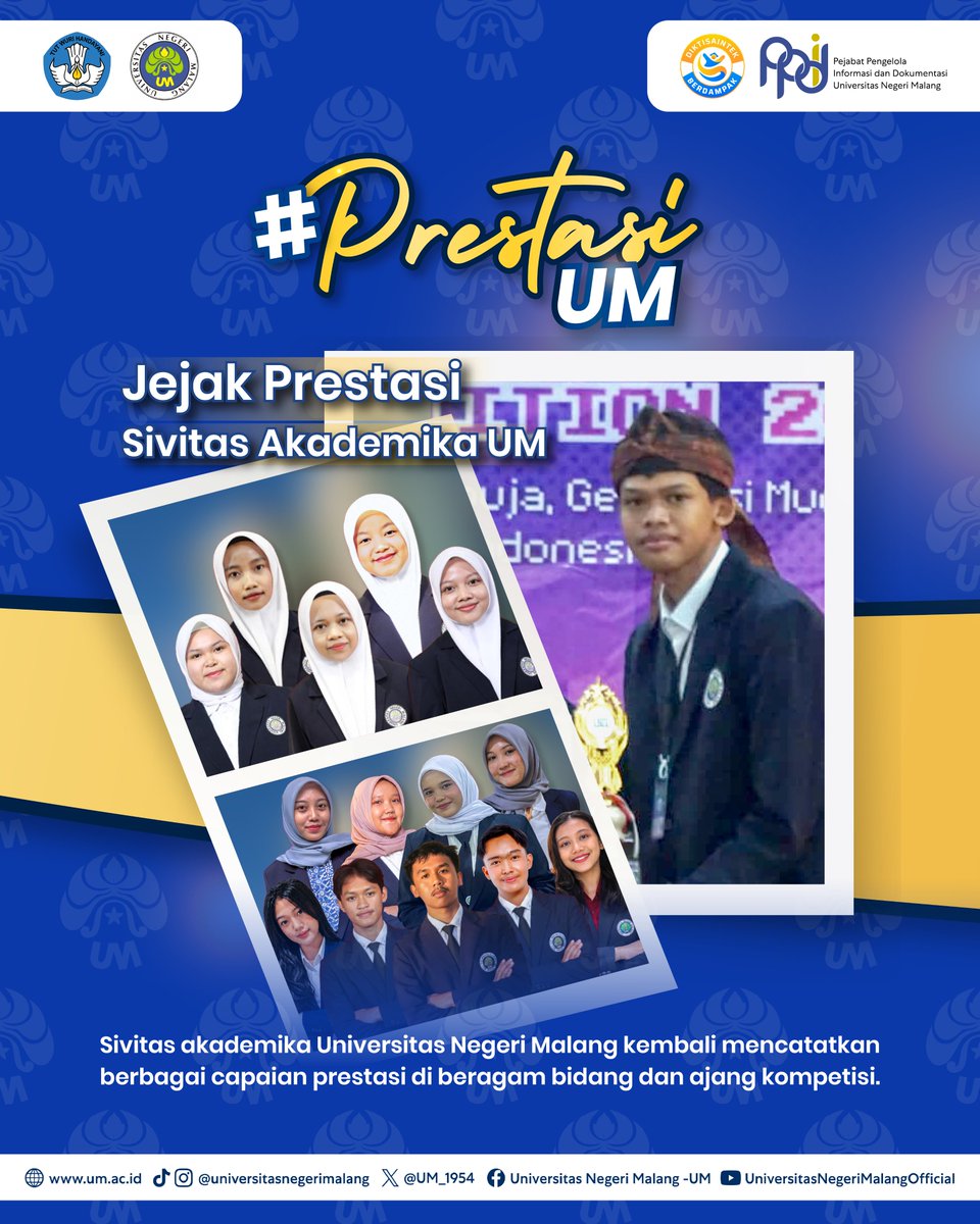 UM_1954's tweet photo. #PrestasiUM
Selamat dan sukses kepada para Mahasiswa UM atas capaiannya meraih berbagai prestasi yang luar biasa!ππ»
Semoga dapat terus menginspirasi dan mengharumkan nama kampus tercinta. β¨
#UM
#universitasnegerimalang
#ExcellenceInLearningInnovation
#KampusBerdampak https://t.co/J96l8n5bMv