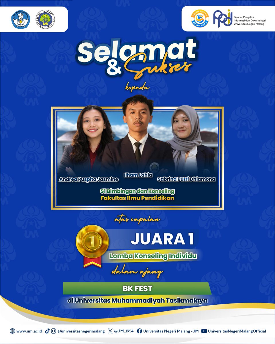 UM_1954's tweet photo. #PrestasiUM
Selamat dan sukses kepada para Mahasiswa UM atas capaiannya meraih berbagai prestasi yang luar biasa!ππ»
Semoga dapat terus menginspirasi dan mengharumkan nama kampus tercinta. β¨
#UM
#universitasnegerimalang
#ExcellenceInLearningInnovation
#KampusBerdampak https://t.co/J96l8n5bMv