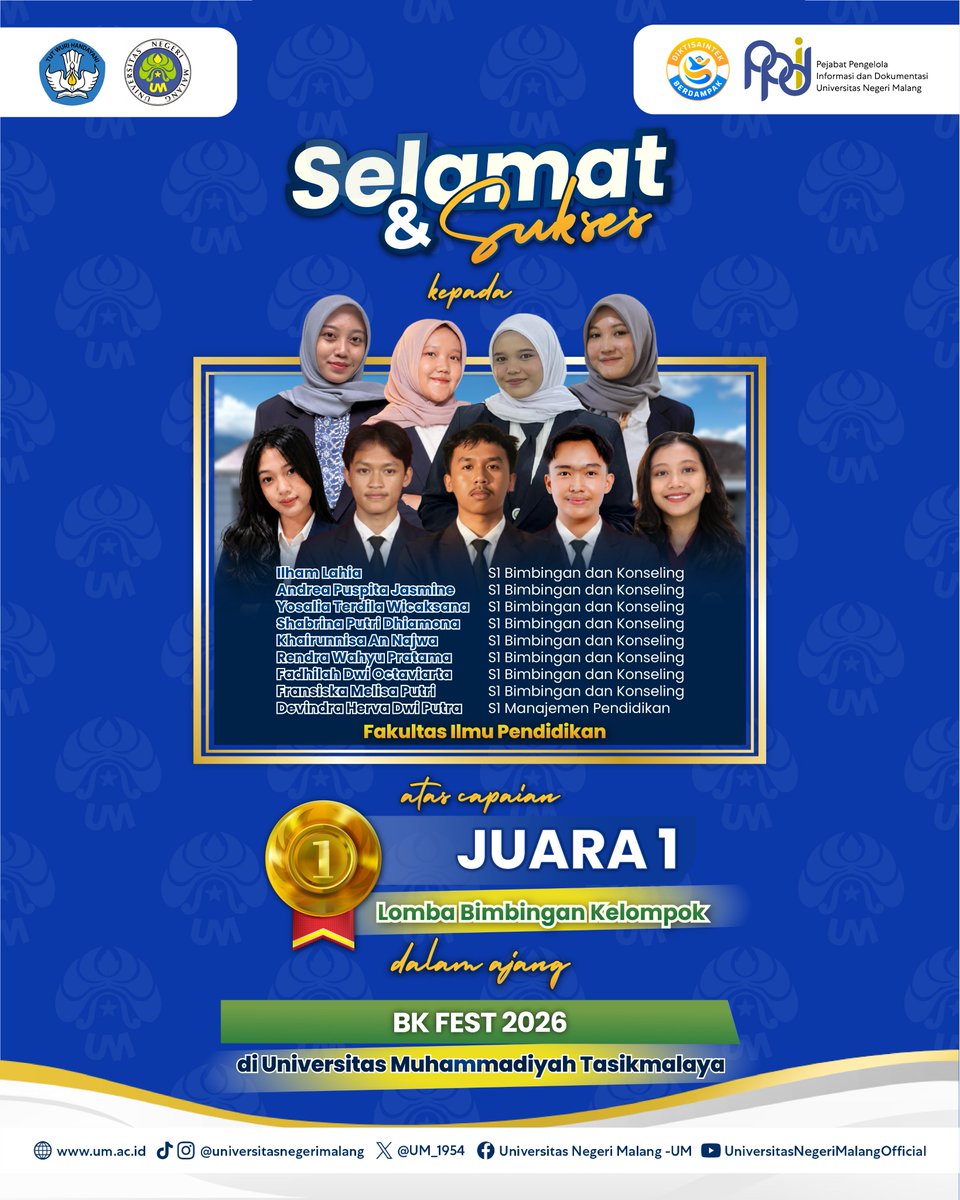 UM_1954's tweet photo. #PrestasiUM
Selamat dan sukses kepada para Mahasiswa UM atas capaiannya meraih berbagai prestasi yang luar biasa!ππ»
Semoga dapat terus menginspirasi dan mengharumkan nama kampus tercinta. β¨
#UM
#universitasnegerimalang
#ExcellenceInLearningInnovation
#KampusBerdampak https://t.co/J96l8n5bMv