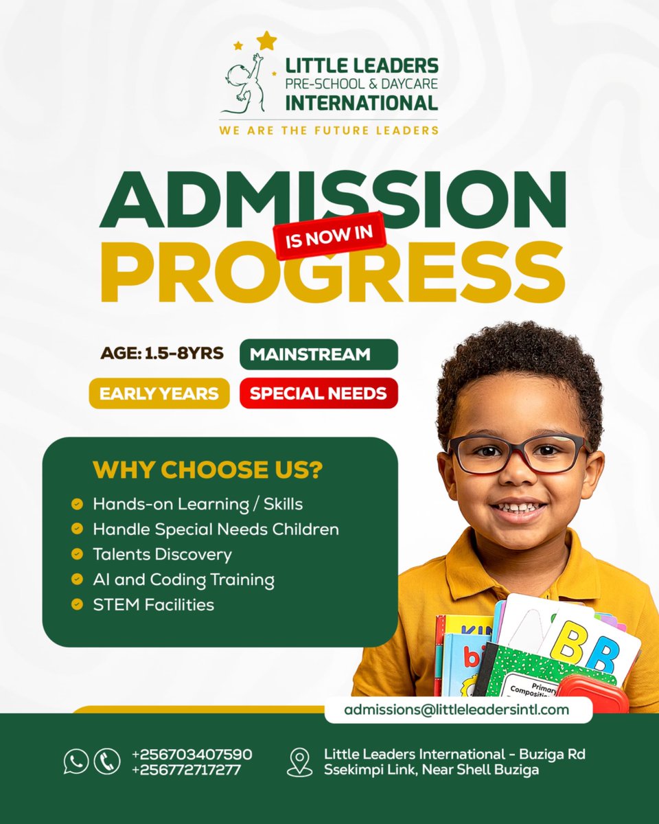 littleleadersin's tweet photo. WHY CHOOSE US?

• Hands-on Learning / Skills
• Handle Special Needs Children
• Talents Discovery
• Al and Coding Training
• STEM Facilities

Contact us;
+256703407590

admissions@littleleadersintl.com

#littleleaderspreschool #admissioninprogress #school #specialskills https://t.co/964L3QwLu2