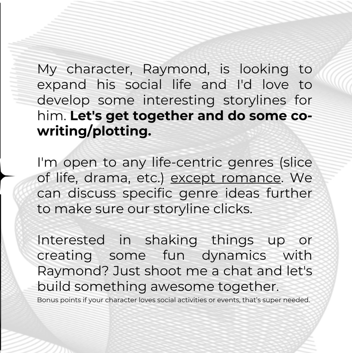 rayofsoigne's tweet photo. ᅠ
SAINT. ᅠLooking for writing partners for Raymond. Check out the details below. If you're interested, feel free to hit me up in DMs. Both EN and ID are welcome.

A retweet would mean a lot to help spread the word, thank you!
ᅠ https://t.co/4xVb2VreOe