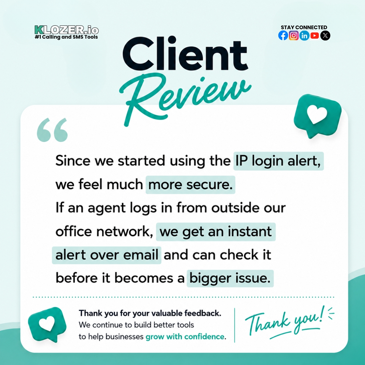 Klozer_io's tweet photo. ๐๐ฅ๐ข๐๐ง๐ญ ๐๐๐ฏ๐ข๐๐ฐ!
From unknown logins outside the office network to instant email alerts, ๐๐ฅ๐จ๐ณ๐๐ซ helps teams check activity faster and respond with confidence.
Thank you for your valuable feedback!
#Klozer #ClientReview #IPLoginAlert #CloudDialer https://t.co/RA83tDo4tE
