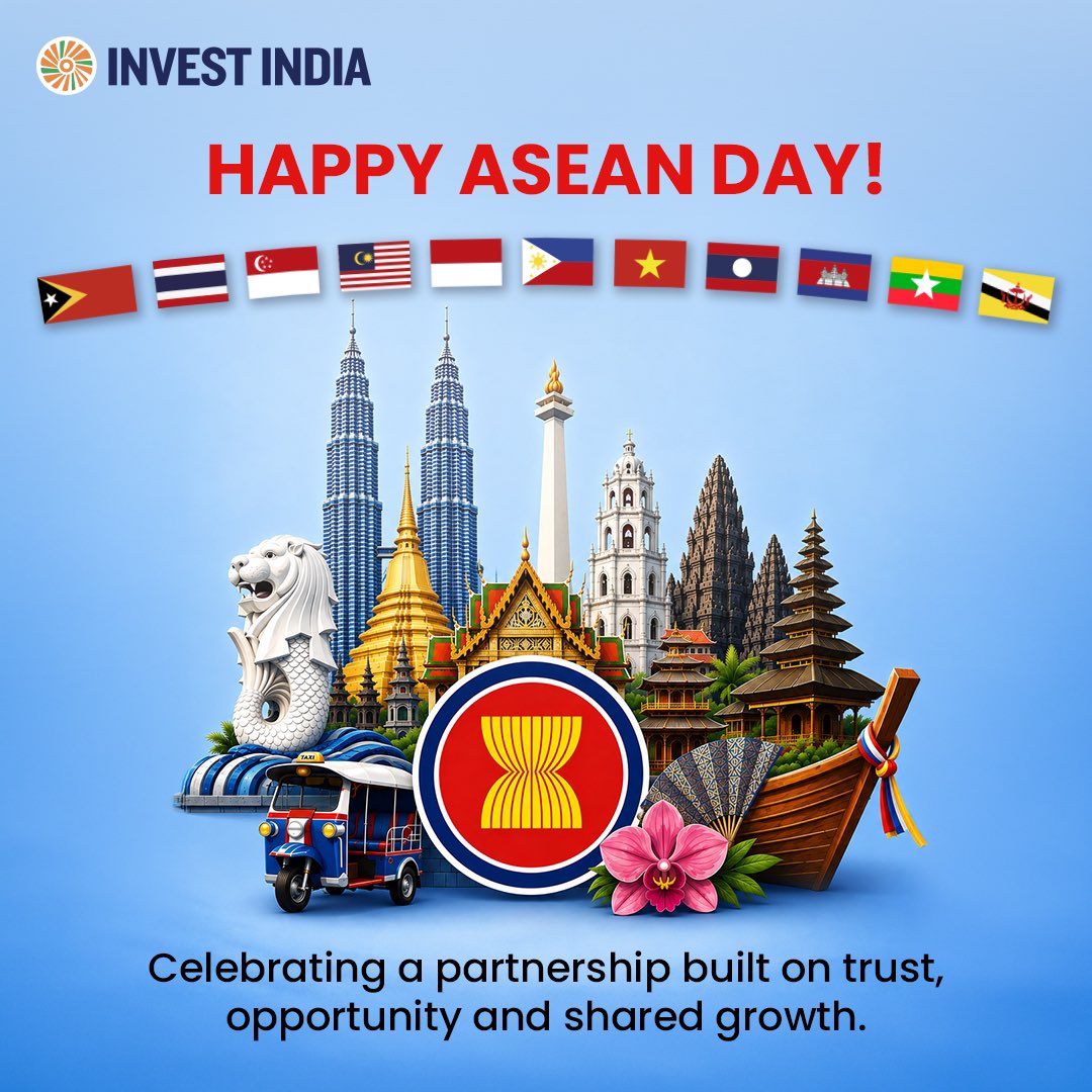 investindia's tweet photo. Happy #ASEANDay!

Team @InvestIndia extends its best wishes to our @ASEAN partners as we celebrate a partnership driving trade, investment and economic cooperation.

Discover more: https://t.co/bw5IfdG0wf

#IndiaASEAN #InvestInIndia #59thASEANDay https://t.co/mEUS9esGyv