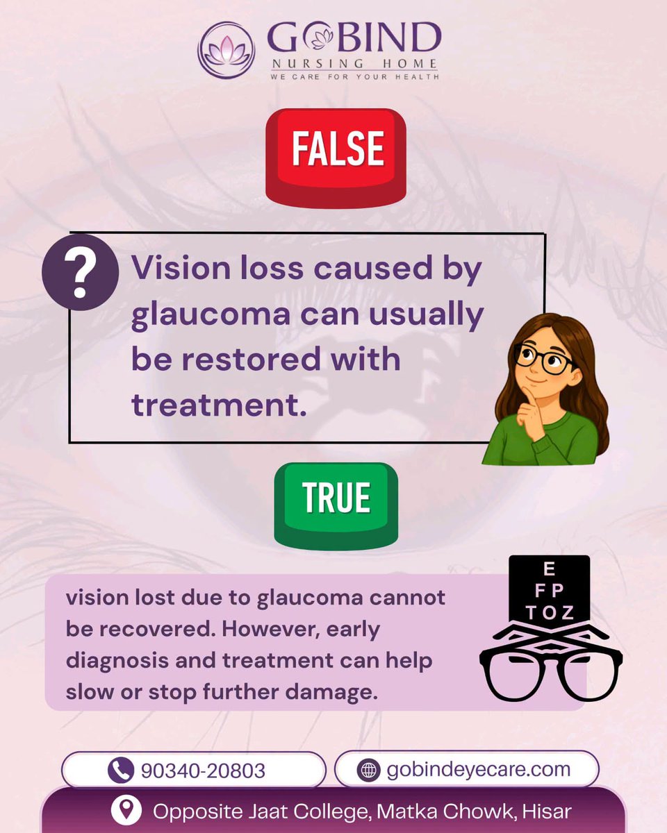gobindeyecare's tweet photo. Vision loss caused by glaucoma can usually be restored with treatment.
Gobind Nursing Home
Visit: Opposite Jaat College, Matka Chowk, Hisar
Call- 90340-20803 | https://t.co/0sJw9SI08O
#GobindNursingHome #HealthyEyes #EyeHospital #eyehealth #eyesurgery #trueandfalse https://t.co/ZBOXW4bz5o