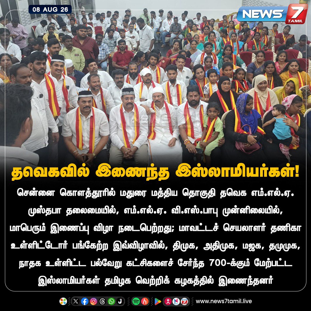 VMS_MUSTAFA_MLA's tweet photo. தவெகவில் இணைந்த இஸ்லாமியர்கள்!

சென்னை கொளத்தூரில் மதுரை மத்திய தொகுதி தவெக எம்.எல்.ஏ. முஸ்தபா தலைமையில், எம்.எல்.ஏ. வி.எஸ்.பாபு முன்னிலையில், மாபெரும் இணைப்பு விழா நடைபெற்றது; மாவட்டச் செயலாளர் தணிகா உள்ளிட்டோர் பங்கேற்ற இவ்விழாவில், திமுக, அதிமுக, மஜக, தமுமுக, நாதக உள்ளிட்ட பல்வேறு கட்சிகளைச் சேர்ந்த 700-க்கும் மேற்பட்ட இஸ்லாமியர்கள் தமிழக வெற்றிக் கழகத்தில் இணைந்தனர்