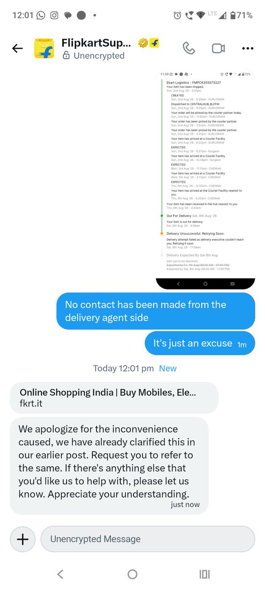 10Chatterjee's tweet photo. So the @flipkartsupport is also an AI which tells you the same answers everytime. Great job @Flipkart https://t.co/Q4fA9fVOsZ