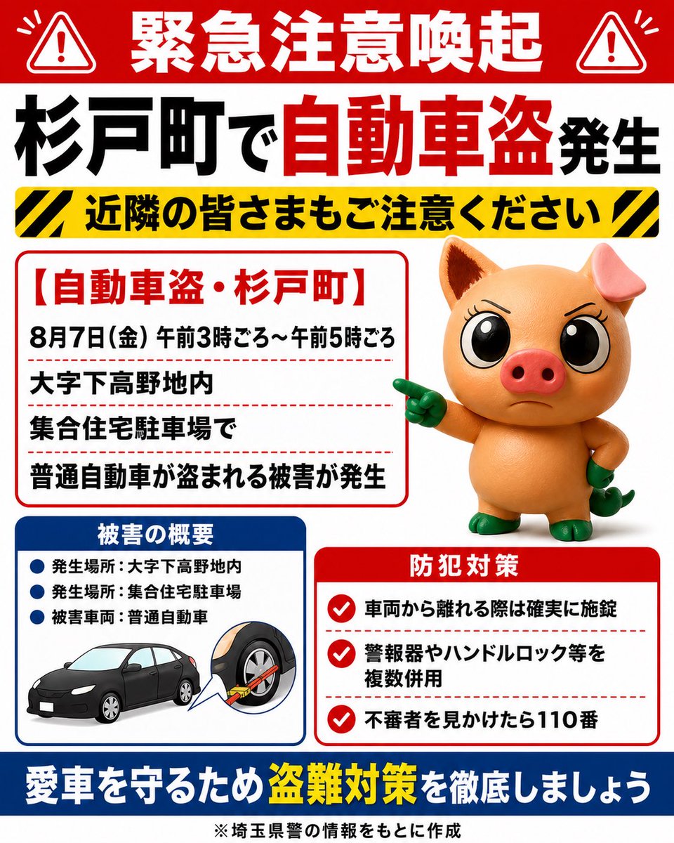 Sugiton39's tweet photo. 【注意喚起｜杉戸町で自動車盗🚨】

8月7日、杉戸町大字下高野地内の集合住宅駐車場で、普通自動車が盗まれる被害が発生しました。

最近は近隣でも自動車盗が続いています。
施錠だけでなく、ハンドルロック・タイヤロック・警報器など複数の対策を。

不審者・不審車両を見かけたら110番へ。 https://t.co/arjkxd0ZHV