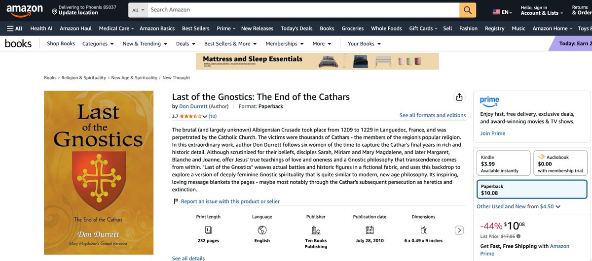 DonDurrett's tweet photo. Amazon has my best book on sale for $10. 

I do gold/silver as a hobby. Metaphysics is my real passion. This book is the story of the Cathars. 

Click on the image to read what it is about. https://t.co/DrK9YK06ey