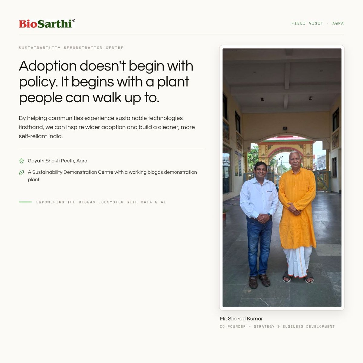 BioSarthi's tweet photo. Sustainability is easier to adopt when people can experience it.

Our Co-founder. , Mr. Sharad Kumar visited Gayatri Shakti Peeth, Agra, to discuss a Sustainability Demonstration Centre featuring a biogas demo plant.

👀 See it. 📖 Learn it. ♻️ Adopt it.

#Biogas #BioSarthi https://t.co/q2cHwCJuxu