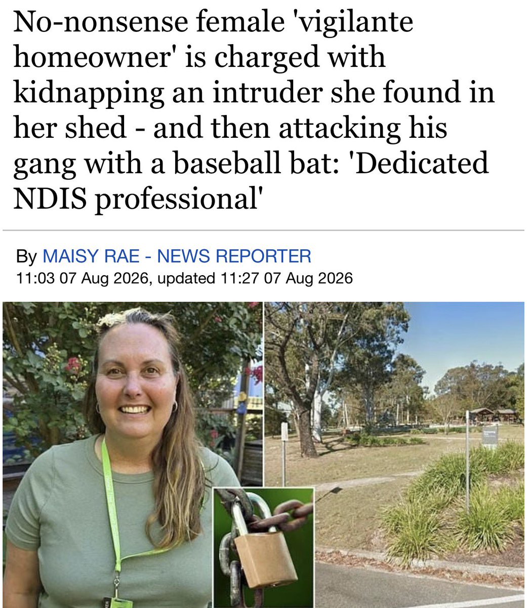 TruthFairy131's tweet photo. A badass female homeowner who allegedly kidnapped, chained and padlocked an intruder before taking a baseball bat to his suspected accomplices that robbed her. 

Kylee Barbette Robinson, 52, allegedly found a thief in her shed at her home in Raymond Terrace, north of Newcastle, NSW, and attacked him with the baseball bat.

A bail court heard the man took her to a homeless camp in nearby Boomerang Park, where she then allegedly assaulted two other men with a baseball bat.

Kylee is alleged to have smashed up a car with the baseball bat, shattering its windscreen to recover her stolen possessions.

Maybe they should have opened the car & returned her possessions.

Police arrived at the park at 8.30pm after reports of an alleged assault, and were told a woman had allegedly attacked a man after finding him on her nearby property. -DailyMail

Aussies have reached their limit & are sick & tired of being robed, assaulted, terrorised, harmed & many Aussies have been killed.

When the Government & Police fail to defend & protect you then what other choice do other people have?

When you are robbed, Police do nothing.

Free Kylee 🔥