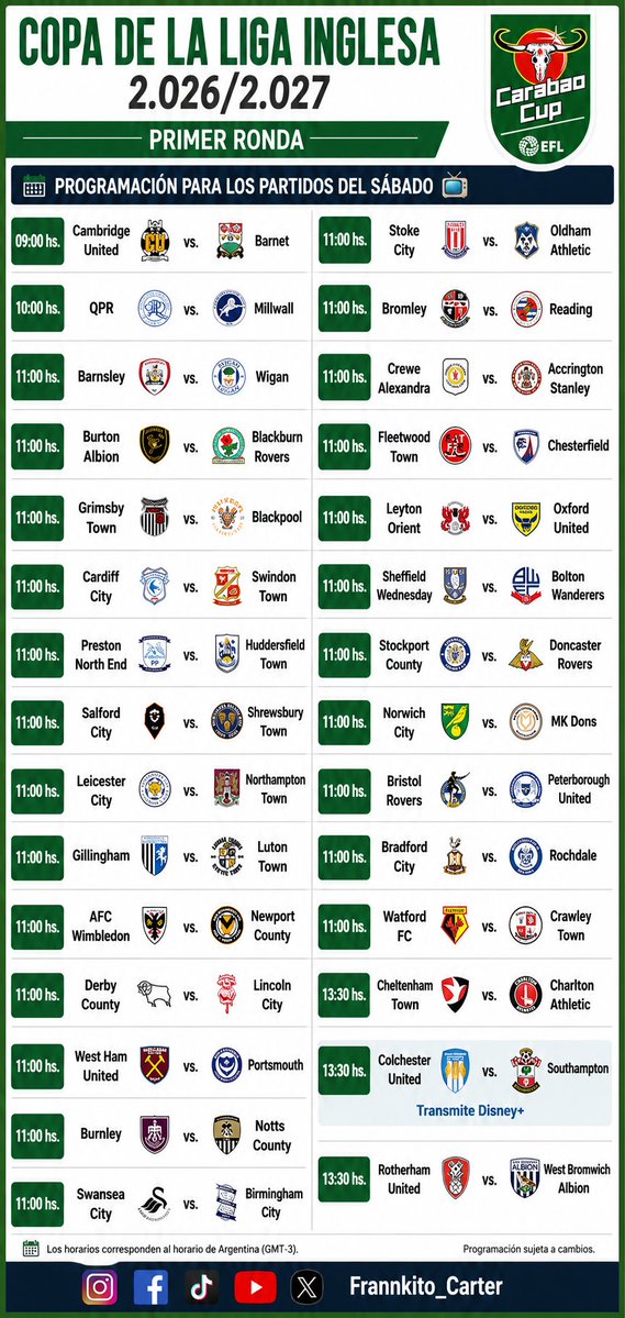 FrannkitoCarter's tweet photo. Sábado de #CarabaoCup 🏆 #CopaDeLaLiga inglesa 🏴󠁧󠁢󠁥󠁮󠁧󠁿⚽️
¡29 partidos! Uno de ellos será televisado por Disney+ 📺
#EFL #LeagueCup https://t.co/ykE7Z79e0n