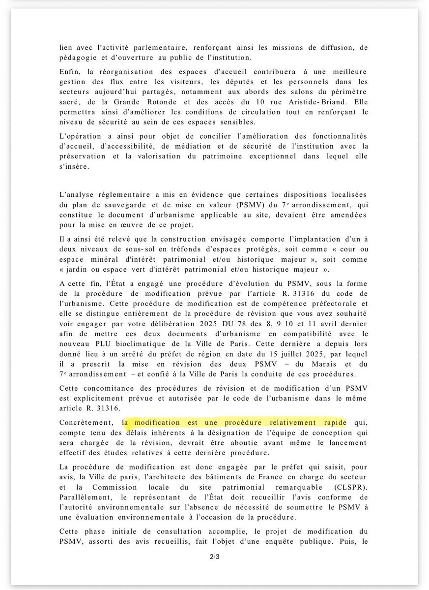 SPPEF's tweet photo. 📣🔴 Maintenant que l’affaire du pavillon de l’@AssembleeNat est connue de tous, les complices (@egregoire et @catherinepegard) de @YaelBRAUNPIVET se défilent. Quelle est leur stratégie ? Ils expliquent, notamment dans @Le_Figaro https://t.co/VioGWvcLo0…, d’une part, que la modification du document d’urbanisme n’est pas liée à un projet particulier et, d’autre part, que le processus est encore long, très long. Pourtant, la délibération votée par le Conseil de Paris (👉 https://t.co/sxgdCaOvYK…), fait explicitement référence au projet de l’agence Moatti & Rivière choisi par @YaelBRAUNPIVET et précise que « la modification est une procédure relativement rapide ». Le @MinistereCC indique que le projet présenté aujourd'hui n'est « pas nécessairement celui qui sera réalisé ». Pourtant, la demande de modification ad hoc du document d’urbanisme datant du 30 juin 2026 émane du @Prefet75_IDF, qui représente ce ministère via la DRAC. Il est ainsi nécessairement d’accord et ne devrait pas, logiquement, s’opposer en aval (via l’ABF) à ce qu’il a permis en amont. Bref, tous les soutiens du projet clament leur innocence, incapables d’assumer 👏