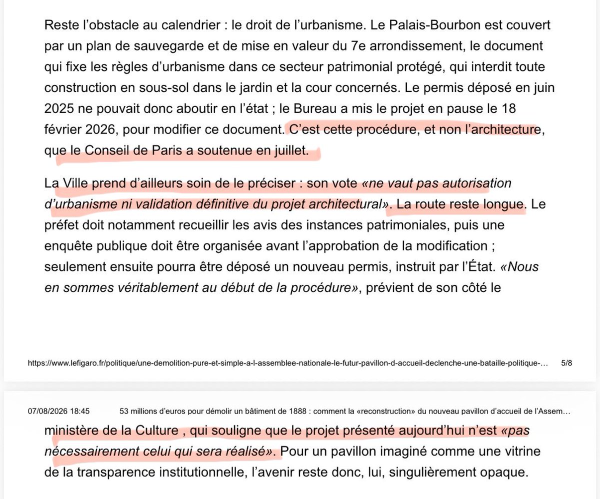 SPPEF's tweet photo. 📣🔴 Maintenant que l’affaire du pavillon de l’@AssembleeNat est connue de tous, les complices (@egregoire et @catherinepegard) de @YaelBRAUNPIVET se défilent. Quelle est leur stratégie ? Ils expliquent, notamment dans @Le_Figaro https://t.co/VioGWvcLo0…, d’une part, que la modification du document d’urbanisme n’est pas liée à un projet particulier et, d’autre part, que le processus est encore long, très long. Pourtant, la délibération votée par le Conseil de Paris (👉 https://t.co/sxgdCaOvYK…), fait explicitement référence au projet de l’agence Moatti & Rivière choisi par @YaelBRAUNPIVET et précise que « la modification est une procédure relativement rapide ». Le @MinistereCC indique que le projet présenté aujourd'hui n'est « pas nécessairement celui qui sera réalisé ». Pourtant, la demande de modification ad hoc du document d’urbanisme datant du 30 juin 2026 émane du @Prefet75_IDF, qui représente ce ministère via la DRAC. Il est ainsi nécessairement d’accord et ne devrait pas, logiquement, s’opposer en aval (via l’ABF) à ce qu’il a permis en amont. Bref, tous les soutiens du projet clament leur innocence, incapables d’assumer 👏