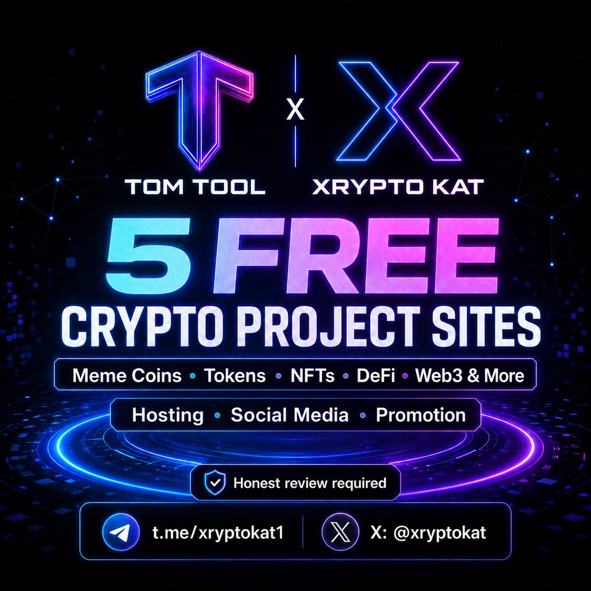 xryptokat's tweet photo. 🚀 Are You Building a Crypto Project?

XryptoKat and Tom Tool are offering FREE starter websites to five projects!

We welcome:

🪙 Meme coins and tokens
🎨 NFT projects
💱 DeFi platforms
🎮 Web3 games
🛠️ Crypto tools
👥 Blockchain communities
🌐 Other legitimate crypto projects
The website build is free. An honest review and permission to display the completed work in our portfolio are required conditions of the offer.
Need more support? We also offer managed hosting, website maintenance, social-media management, promotional campaigns, community setup, graphics, and content creation.
Eligible paid services can be purchased using Tom Tool Credits.
Only five free spots are available—message us on X or Telegram for more information!
📩 Telegram: https://t.co/nrB8Xihm0L
𝕏 X: @xryptokat
#Crypto #MemeCoin #NFT #DeFi #Web3 #XryptoKat #TomTool