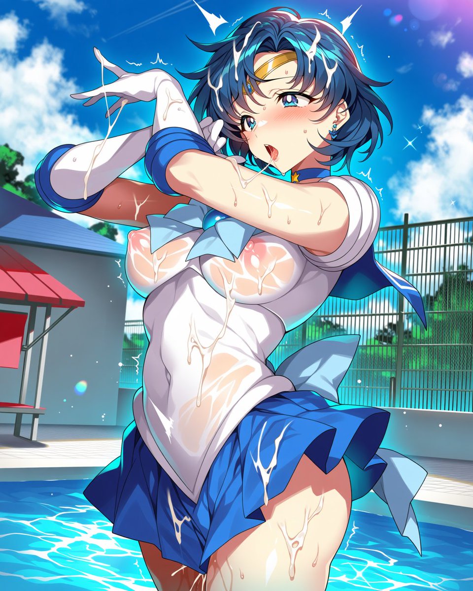 aiko_yatter's tweet photo. セーラーマーキュリー （水野 亜美）/Sailor Mercury （Ami Mizuno）

水でも被って透け透けにされちゃう+妖魔の精液で強制発情/
After being doused with water, she panics over her now-see-through costume—and finds herself sexually aroused against her will.

#変身ヒロイン #ヒロピン https://t.co/arlKnoBASo