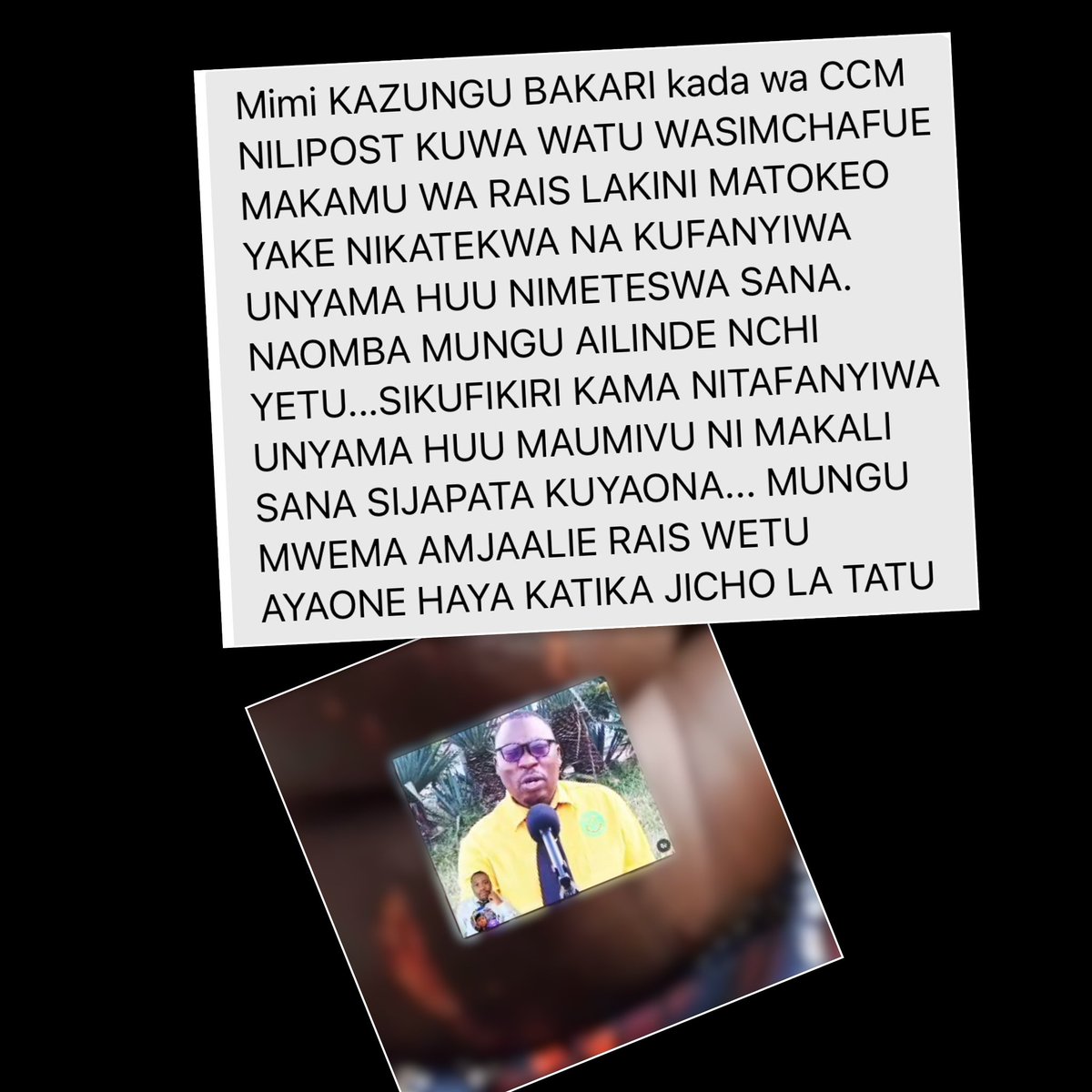 MariaSTsehai's tweet photo. ‼️🚨CCM CADRE ABDUCTED AND ASSAULTED FOR DEFENDING SAMIA’S VP‼️
If there was any doubt who is the architect of violence it is Samia Suluhu herself
This man us Kazungu Bakari - a CCM member who publicly showed support for Emmanuel Nchimbi the Vice President to Samia Suluhu after Nchimbi made remarks that called for the new constitution and said activists are not terrorists! Now Samia is seeking to oust him but a number of CCM cadres have come to his defence including Kazungu. After Kazungu’s public post, he was abducted and viciously assaulted and tortured - for his remarks
He is the recent victim of this violent and murderous cabal 
@WorldBankAfrica @IMFAfrica @SenateForeign @SFRCdems @OHCHR_ESARO @hrw @HRF @UN_HRC 

Kama ni vurugu na ukatili basi ni Samia Suluhu na genge lake ndani ndo vinara wenyewe - hebu tusipotezeane muda! 
Na huko
CCM eleweni hakuna aliye salama - tukisema #SamiaMustGo eleweni hii ni kwa ajili ya usalama wa kila mtanganyika!
#TutaelewanaTu