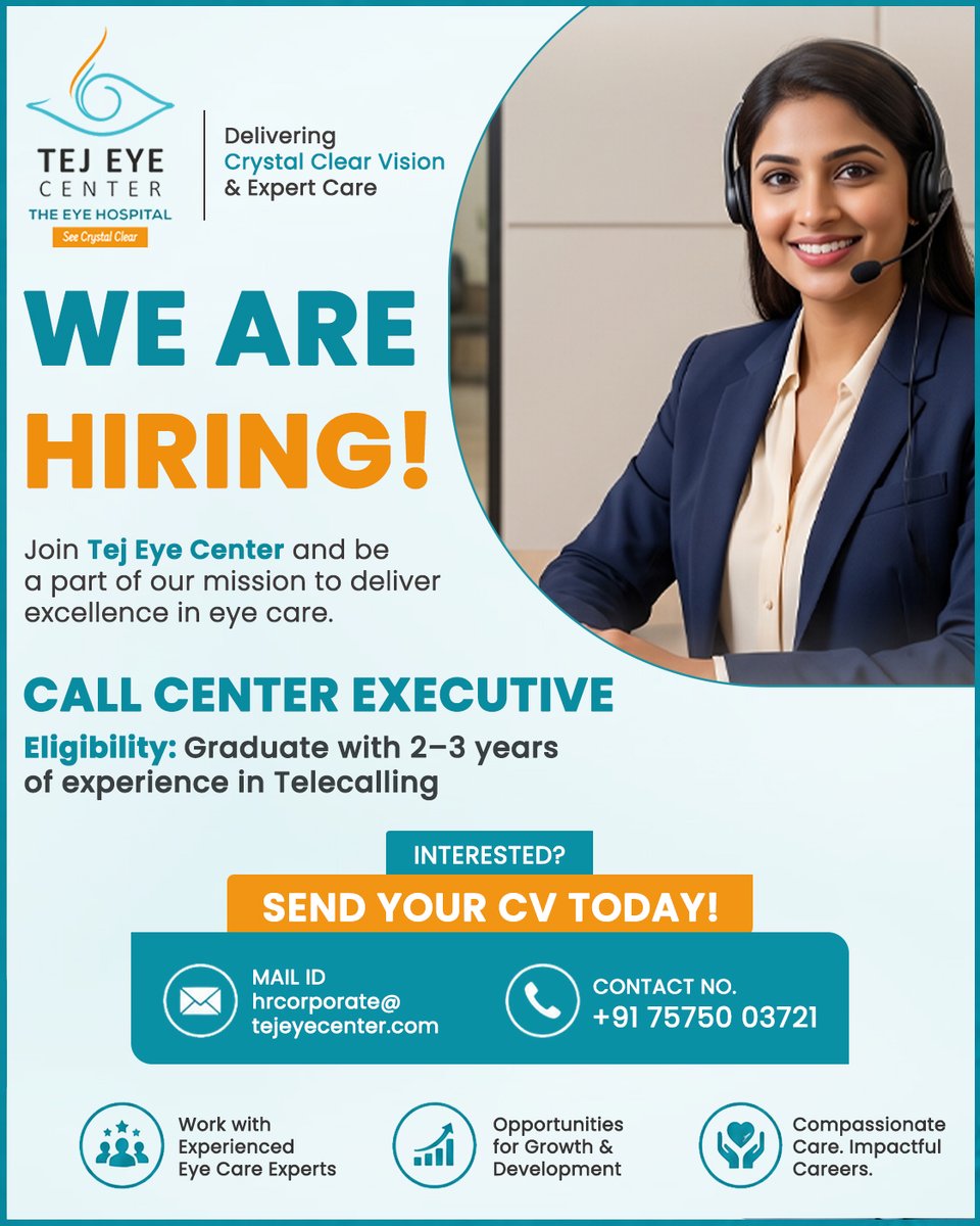 TejEyeCare's tweet photo. We’re Hiring at Tej Eye Center!

Join our team as a Call Center Executive and be part of a growing eye care organization.

Eligibility: Graduate with 2–3 years of telecalling experience.

Send your CV today and take the next step in your career.

#WeAreHiring #CallCenterJobs https://t.co/OE8c5aDglx