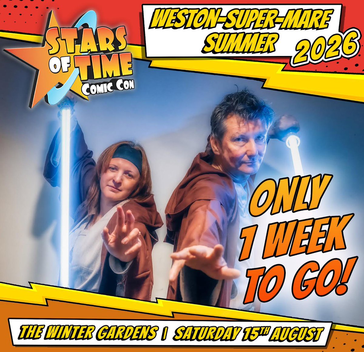 STARSOFTIME's tweet photo. ⏱️ ONLY 1 WEEK TO GO ⏱️
🎟️ Book Your TICKETS Today 🎟️

@STARSOFTIME Sat 15th August, The Winter Gardens, Weston-super-Mare

Ticket Link: https://t.co/Uf8iWpdj5g

#comiccon #summer #westonsupermare #cosplay #family #starwars #doctorwho #collectibles #marvel https://t.co/p0RU5r31Df