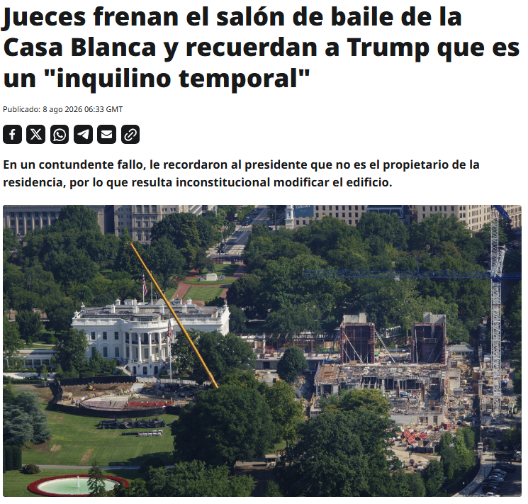 RTultimahora's tweet photo. En un contundente fallo, tres jueces del Tribunal de Apelaciones del Circuito del Distrito de Columbia le recordaron a Trump que es un "inquilino temporal" y no el propietario de la residencia, por lo que resulta inconstitucional modificar el edificio sin el aval del poder legislativo. 

"No es asunto de la autotutela del Ejecutivo", recalcaron. https://t.co/ppU2UAuWRb
