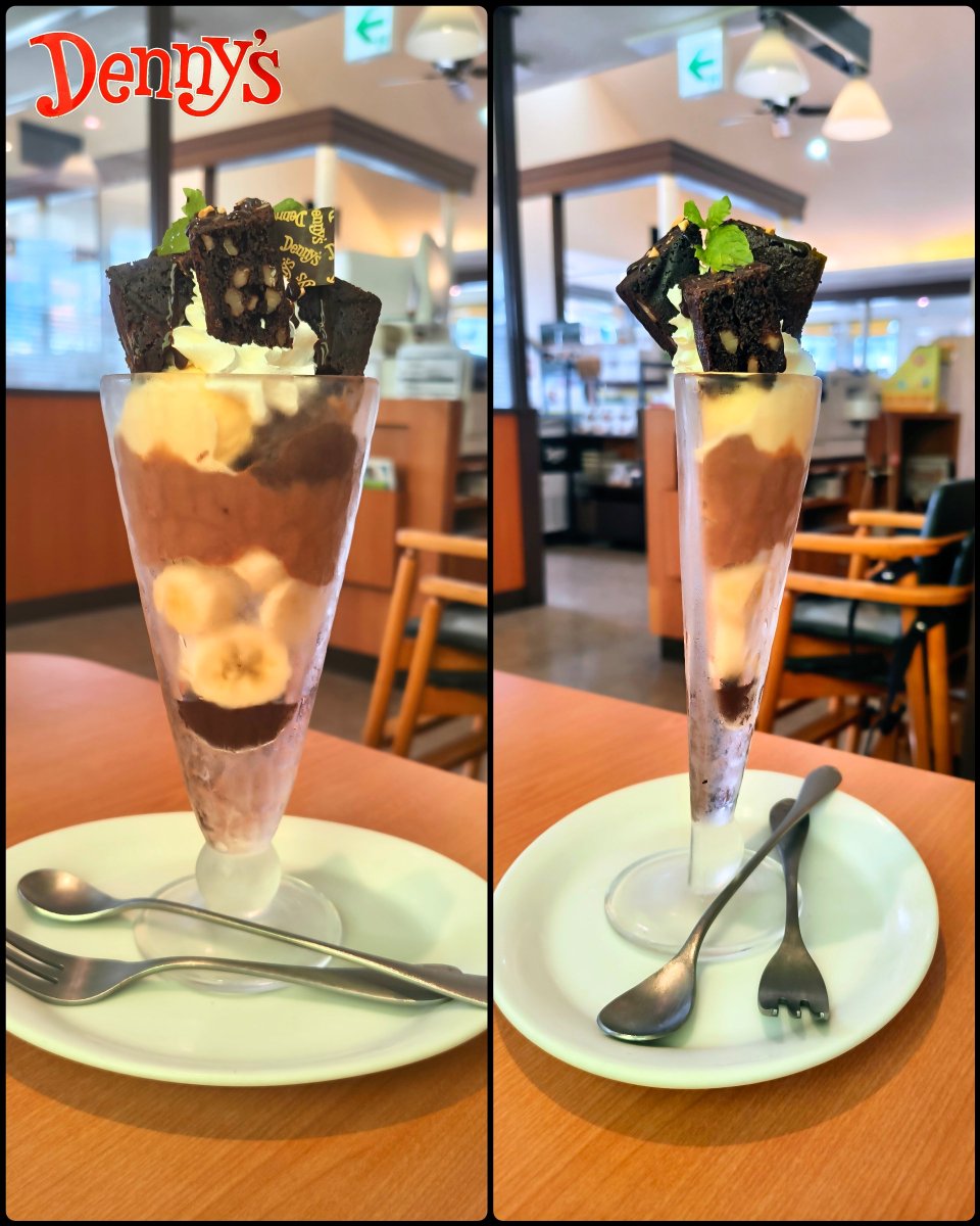 Polarbear7010's tweet photo. ＃デニーズ ＃チョコパフェ ＃店舗限定 ＃パフェ ＃Dennys ＃チョコのまっぷたつパフェ #食品ロス
正面からは普通に���えるが、横から見るとまっぷたつなパフェ😆映え狙いでデザートを頼んで、約３人に１人が残す様です🍨食品ロスを狙ったアイデアパフェ😋 https://t.co/BNTEJ473ox