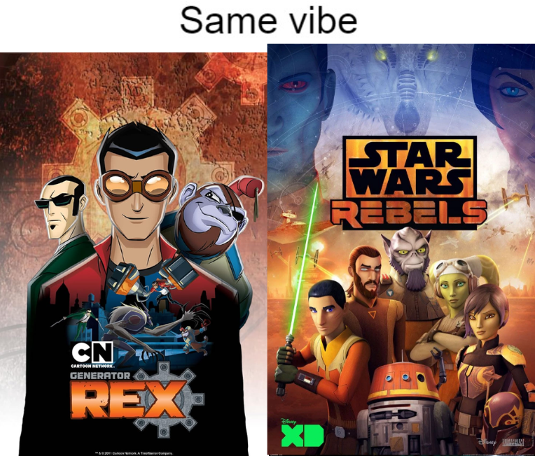Nano_guy01's tweet photo. For those afraid to talk about *#StarWars*, here is another #meme comparing the *Rebels* series and *#GeneratorRex*

Rex/Ezra 
Agent six/kanan jarrus
Doctor holyday/hera syndulla
Bobo haha/seb orrelius 
Cirse/sabine wren 
Van kliess/darth maul 
Black knight/governor prisse https://t.co/TdwZbK9FCn