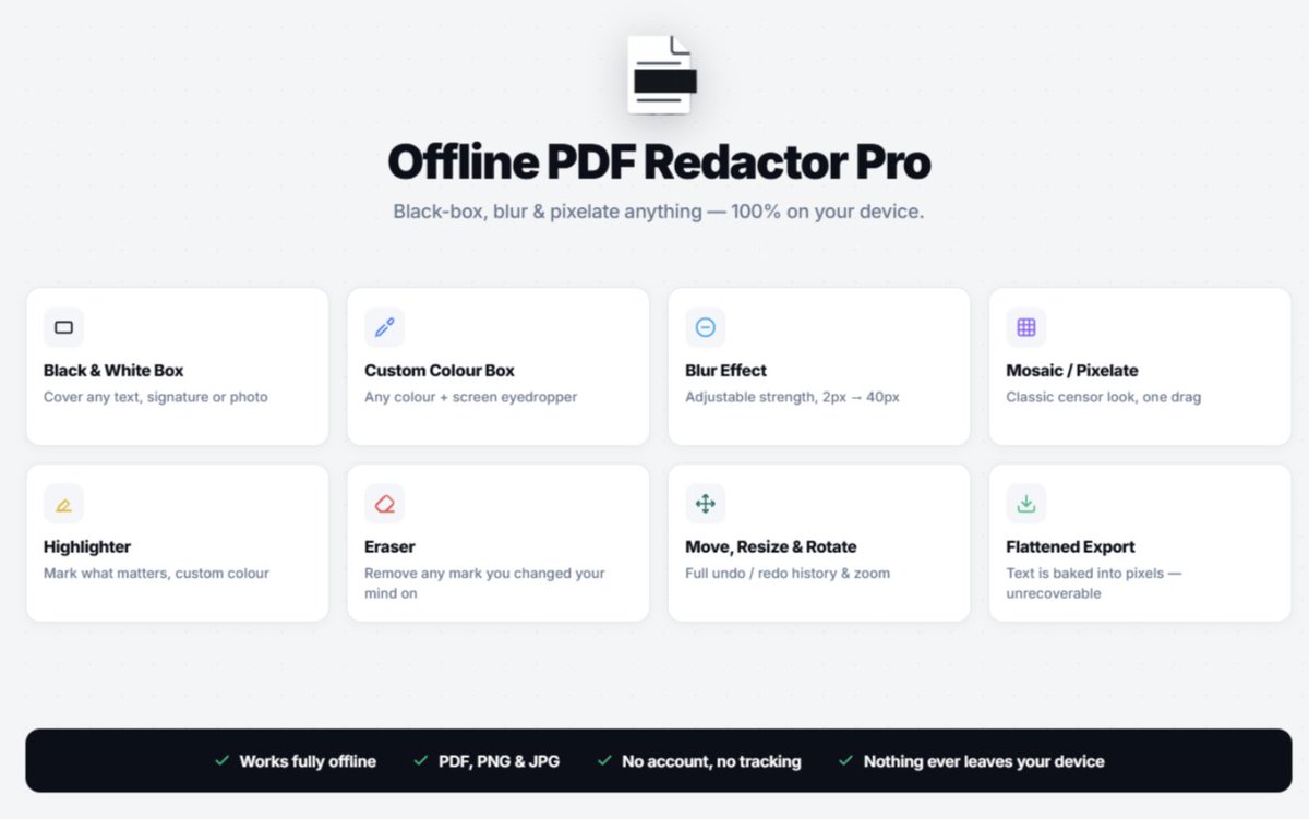 Xtriaatech's tweet photo. 🚀 We're live on Product Hunt.  

Introducing Offline PDF &amp; Image Redactor Pro ,  a Smart privacy-first redaction tool that keeps your documents on your device.  

No uploads. No account. No tracking.  

https://t.co/b6kmOI0LDg

#producthunt #launch #chromeextension #pdf #files https://t.co/GIHFupPnk8