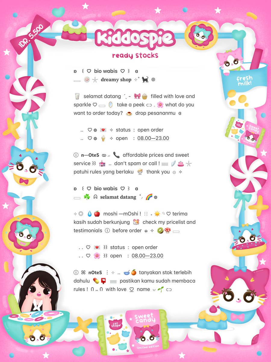 Cinnamoruoll's tweet photo. ⠀
ʚ  🌸  ⋮⋮  help retweet?  tysm  ౿ ⊹ 𓈒 

𓎟 ₊  💭🥣  PROMO 8.8 ! ˚ 🐇 ⸝⸝  sherin bawain wording ready stock 🍮☘️ 𖣠 ♡  . .  ꒰ bio wabis ꒱ ⊂⊃ 🍭 𓐍 with price IDR. 5.500 🧁🎀 യ₊ reply or dm for order ミ ☀️ ⑅ Ი 

    ◎⠀..⠀⟡ 💌  𓄹 #bealanja ៶៸ https://t.co/sE4FYDiTWh