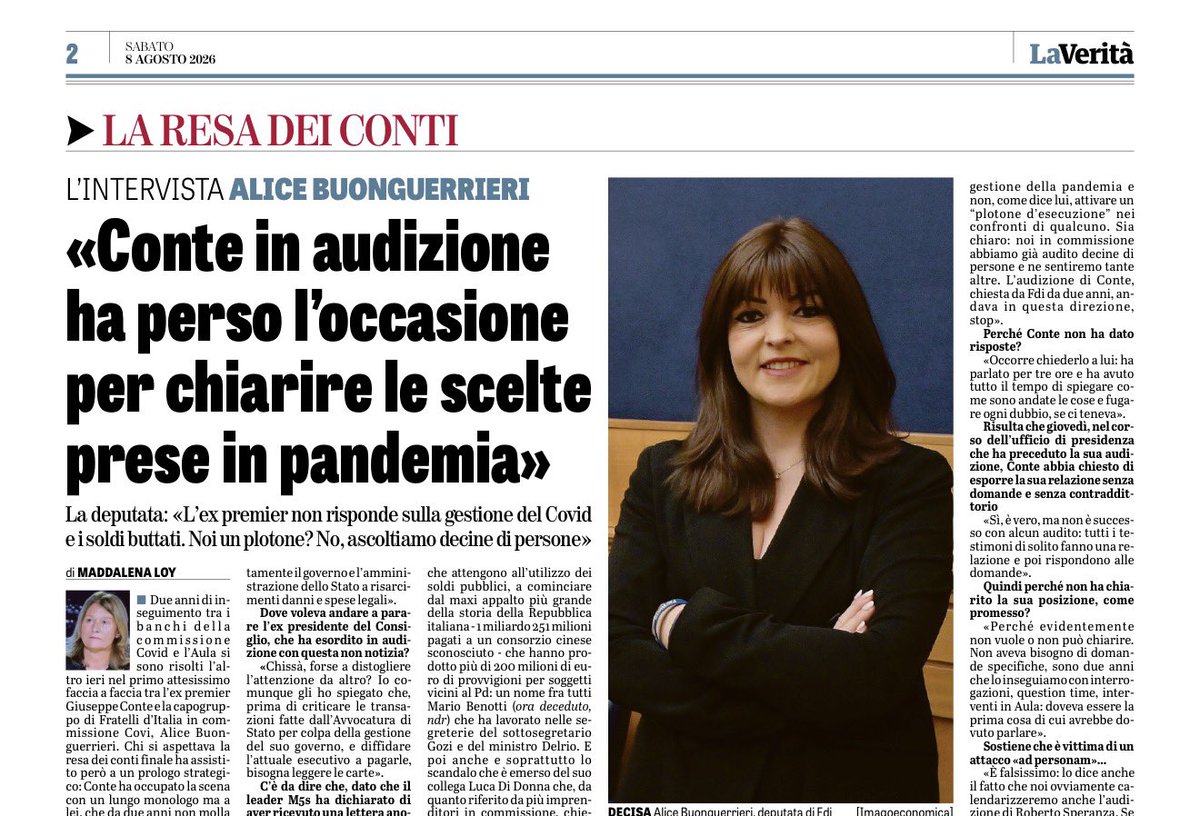 madforfree's tweet photo. Nelle decine di audizioni della commissione covid sono emersi fatti e testimonianze che hanno messo in difficoltà Giuseppe Conte. “Ora spetterà a me, finalmente, parlare in modo da spazzare via tutto il fango”, aveva promesso il leader M5S annunciando che finalmente dopo due anni si sarebbe sottoposto all’audizione. “Ma ha perso l'occasione di chiarire tutti i fatti, a cominciare dall'assenza di suoi coinvolgimenti rispetto a fatti gravi che lo chiamano in causa”, dice Alice Buonguerrieri, capogruppo di Fratelli d’Italia in commissione covid, “ha parlato per tre ore e ha avuto tutto il tempo di spiegare come sono andate le cose e fugare ogni dubbio, se ci teneva”. E sull’accusa di attacco ad personam contro di lui risponde: “È falsissimo: lo dice anche il fatto che noi ovviamente calendarizzeremo anche l'audizione di Roberto Speranza”. Se ci interessasse soltanto Conte non avremmo sentito decine di auditi, spiega. “E ne sentiremo comunque altre decine”.
L’intervista integrale a @BuonguerrieriA oggi su @LaVeritaWeb