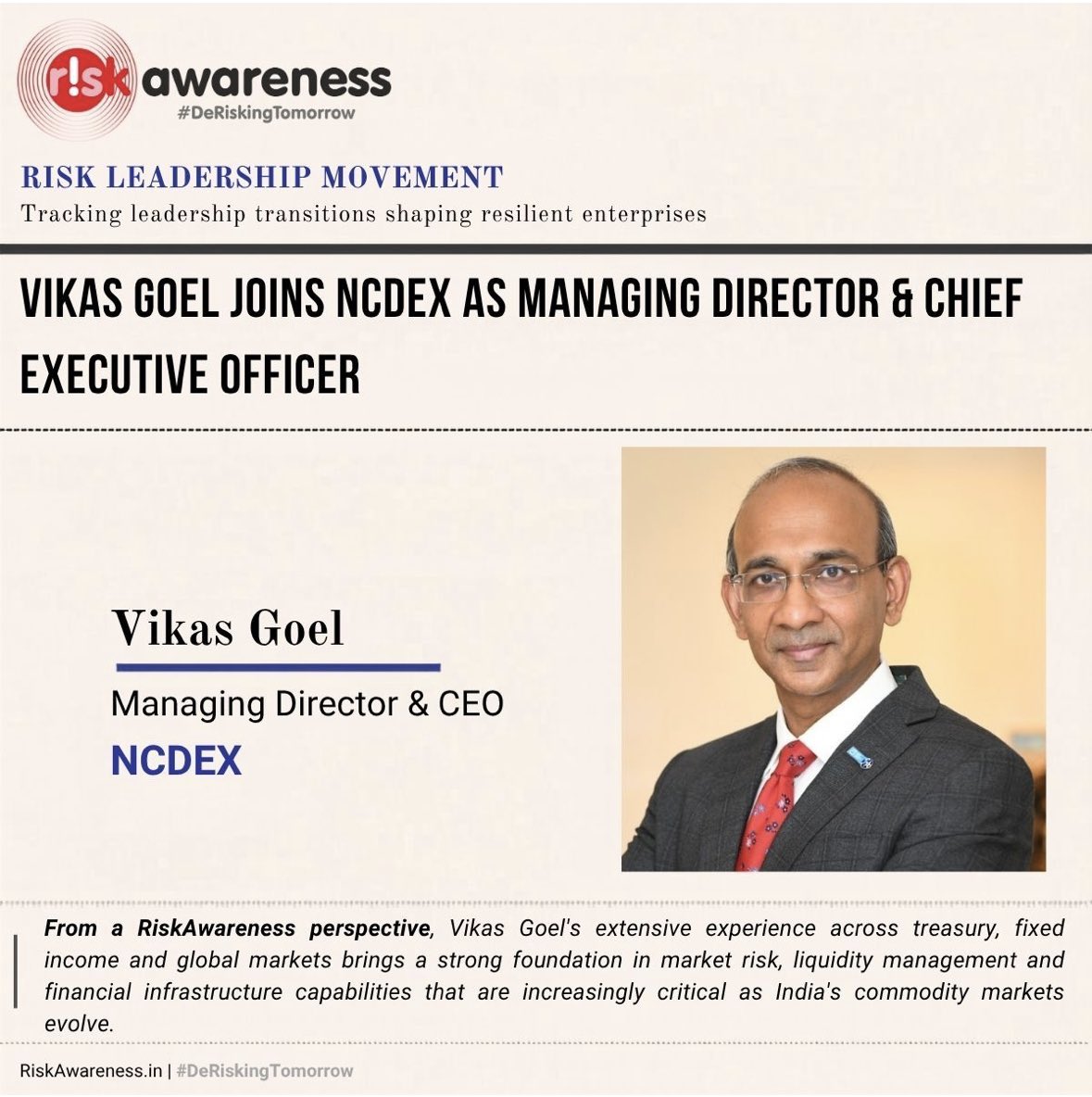 AIdealabs's tweet photo. Vikas Goel has assumed charge as Managing Director & Chief Executive Officer of NCDEX, effective August 1, 2026, marking a significant leadership transition for India's leading commodity derivatives exchange.
#LeadersInRiskManagement #NCDEX #CommodityDerivatives #RiskAwareness https://t.co/21Te824Ucd