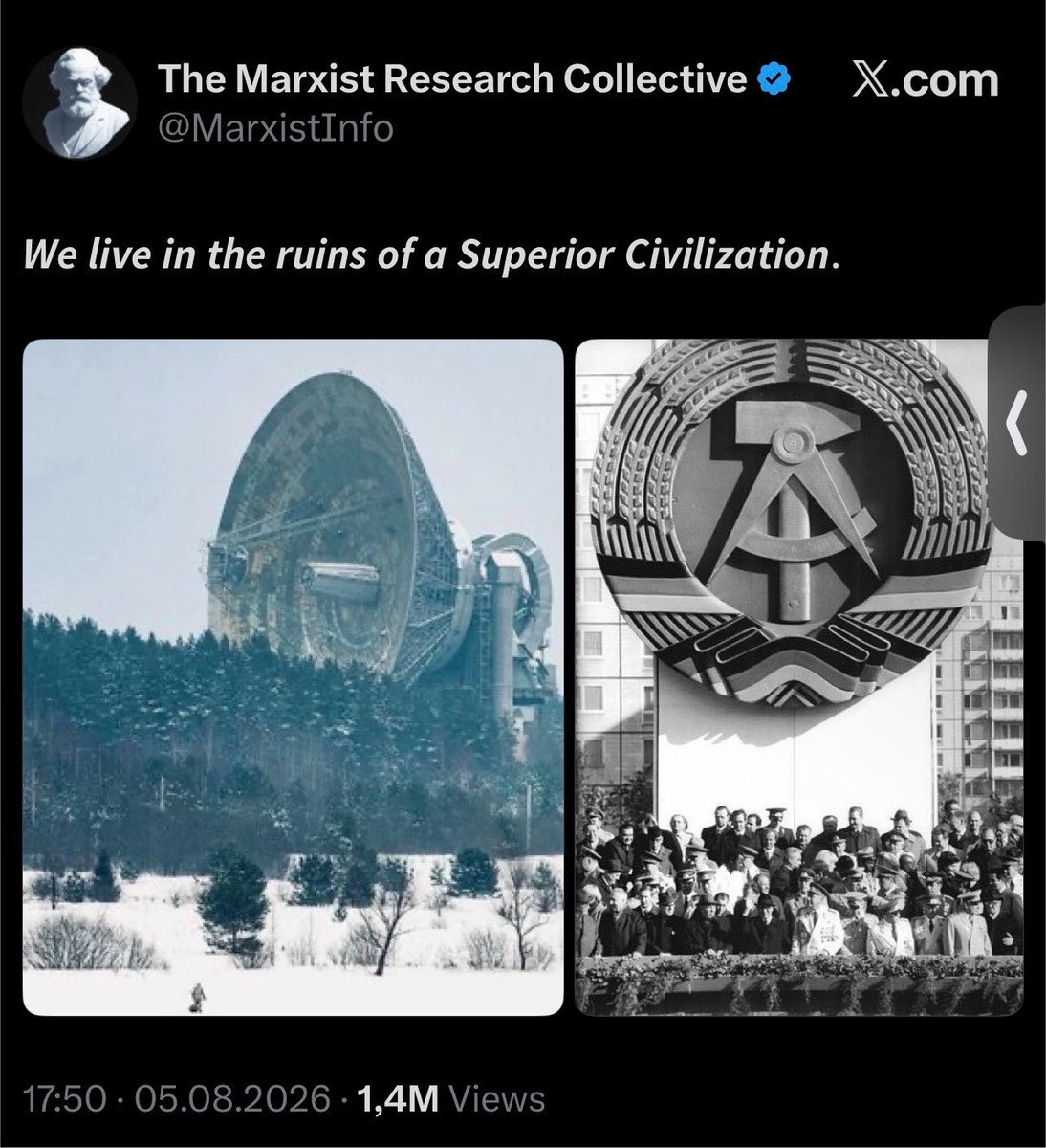 BadBalticTakes's tweet photo. We found some interesting things in the ruins of that Superior Civilisation™.

That photo on the left is (I think) an RT-64 radio telescope in Russia, although similar to the RT-32 Irbene Radio Telescope in Latvia built to spy on the West.

Actually though, it contained tapes of Western music.

The disillusioned conscripts stationed there were using their Superior Civilisation’s most advanced tech to circumvent the censorship imposed by.. er, that same Superior Civilisation™.

The Soviets then wrecked the place themselves on their way out. They set off explosives inside, cut cables, poured acid into controls, and shred all schematics, manuals, and wiring diagrams.

They left believing that the Latvians could never possibly use it.

Nevertheless, Latvian scientists and engineers managed to fully reverse engineer it, restore it, then gave it an actual useful purpose.

They pointed it at the stars instead to advance humanity’s understanding of the cosmos.

The facility is now at the frontier of civilian science with advanced new telescopes integrated into the world’s largest low-frequency radio telescope network.

It’s currently undergoing its fourth modernisation, led by Ventspils University.

Fortunately, they don’t have to attend those dull parades and they have easier ways to listen to decent music!

Huge thanks to MarxistInfo for highlighting all this.