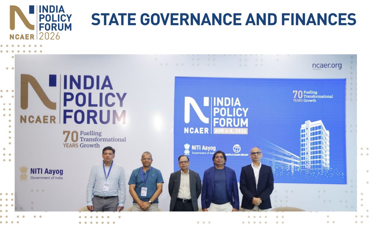 ncaer's tweet photo. Per capita income depends critically on a country’s structural transformation, with urbanization being one of the most important drivers. India’s pace of urbanization remains relatively slow, and achieving at least the 60 per cent threshold should be a key priority for states. Dr @APanagariya, Professor, Columbia University and Former Chairman, 16th Finance Commission, made this observation while chairing a panel discussion on State Governance and Finances at the IPF 2026 hosted by @ncaer jointly with @NITIAayog and the @WorldBankIndia. The other distinguished speakers who participated in the panel were: Professors Alok Johri, McMaster University; Amartya Lahiri, University of British Columbia; Ravi Bapna, University of Minnesota; and, Mr Suresh Goyal, Director General of NCAER.