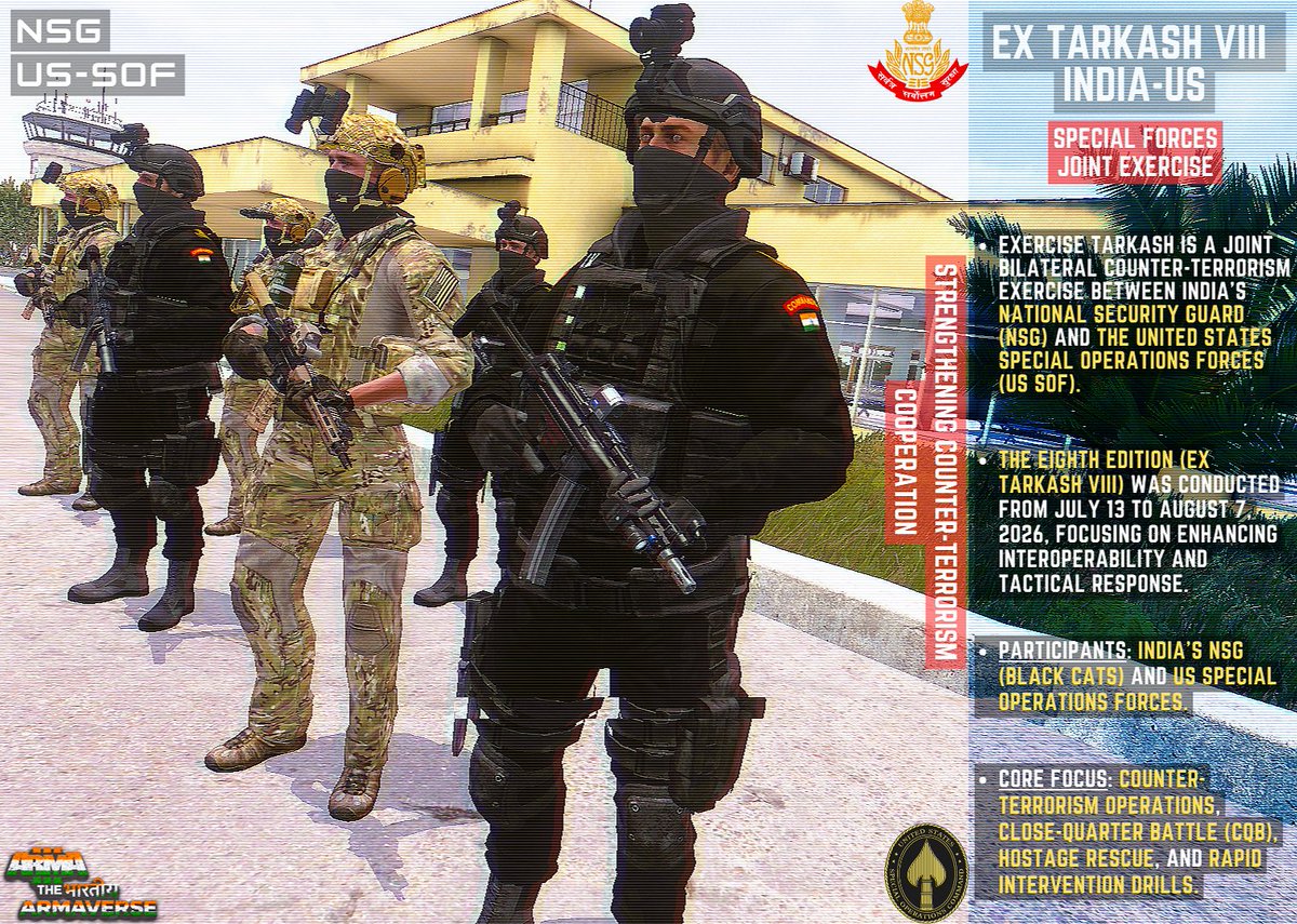 Assualt361846's tweet photo. *Exercise Tarkash is a joint bilateral counter-terrorism exercise conducted between India's National Security Guard (NSG) and the United States Special Operations Forces (US SOF). Its eighth edition concluded on August 7, 2026, after running from July 13, 2026. https://t.co/Bv3vnJM6gF