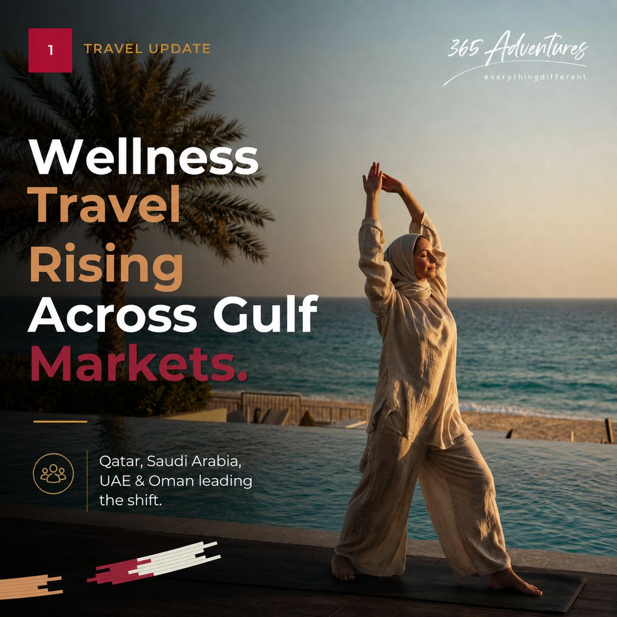 365adventures_'s tweet photo. Wellness travel is surging across Qatar, Saudi Arabia, the UAE, and Oman, with the regional sector set to reach $4.5B by 2027 🧘‍♂️✨  
From thermal spas to nature-based retreats, discover how the Gulf is becoming a global wellness hub with 365 Adventure. 
#WellnessTravel #Tourism https://t.co/me1QHLFpmy