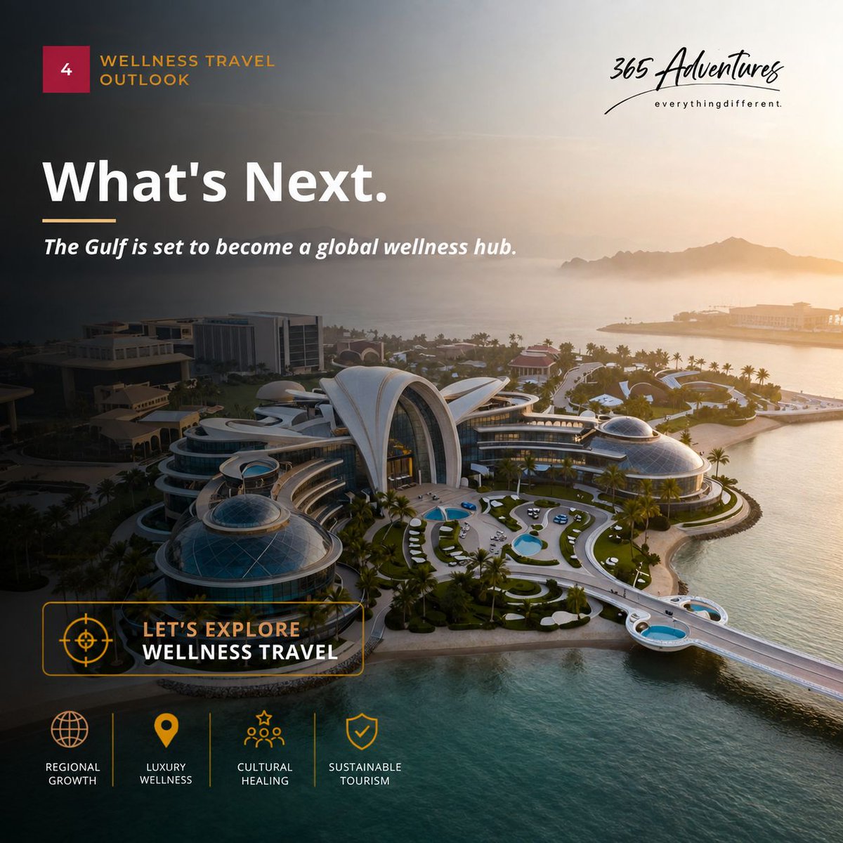 365adventures_'s tweet photo. Wellness travel is surging across Qatar, Saudi Arabia, the UAE, and Oman, with the regional sector set to reach $4.5B by 2027 🧘‍♂️✨  
From thermal spas to nature-based retreats, discover how the Gulf is becoming a global wellness hub with 365 Adventure. 
#WellnessTravel #Tourism https://t.co/me1QHLFpmy