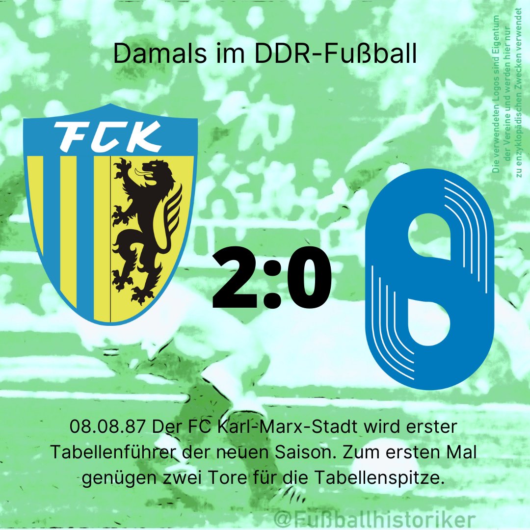 FussballDdr's tweet photo. 📌 08.08.87

Der @ChemnitzerFC übernimmt die erste Tabellenführung der neuen Saison.

Ein 2:0 gegen die BSG Stahl Brandenburg genügt, weil alle anderen Partien knapper ausgehen.
@BFCDynamo gewinnt 2:1 gegen #1FCMagdeburg, @DynamoDresden kommt gegen Stahl Riesa nicht über ein 0:0 hinaus.

Erstmals reichen zwei Tore für Platz eins nach dem 1. Spieltag.
Für den @ChemnitzerFC ist es die vierte Auftakt-Tabellenführung – häufiger gelingt das nur @BFCDynamo und @DynamoDresden (je 6) sowie dem FC Carl Zeiss Jena (5). Ebenfalls viermal führt @1fclokleipzig nach dem 1. Spieltag.

#DDRFußballkalender #DDR #Oberliga #Fußballgeschichte #ChemnitzerFC #BFCDynamo #DynamoDresden