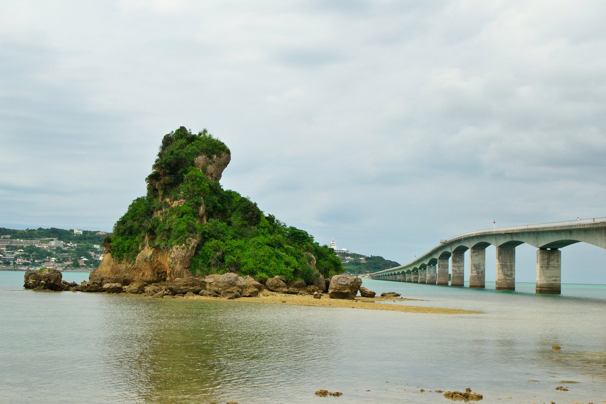 XicunXinre54871's tweet photo. 曇りだったので画像が暗めです。沖縄県北部、古宇利島へと渡る古宇利大橋の横にある、岩塊か岩礁かなんかそういうやつです。もっと、人が容易に来れない場所にあれば、野鳥の繁殖地になっていたりします。　＃古宇利大橋 https://t.co/lIbVROtrjW
