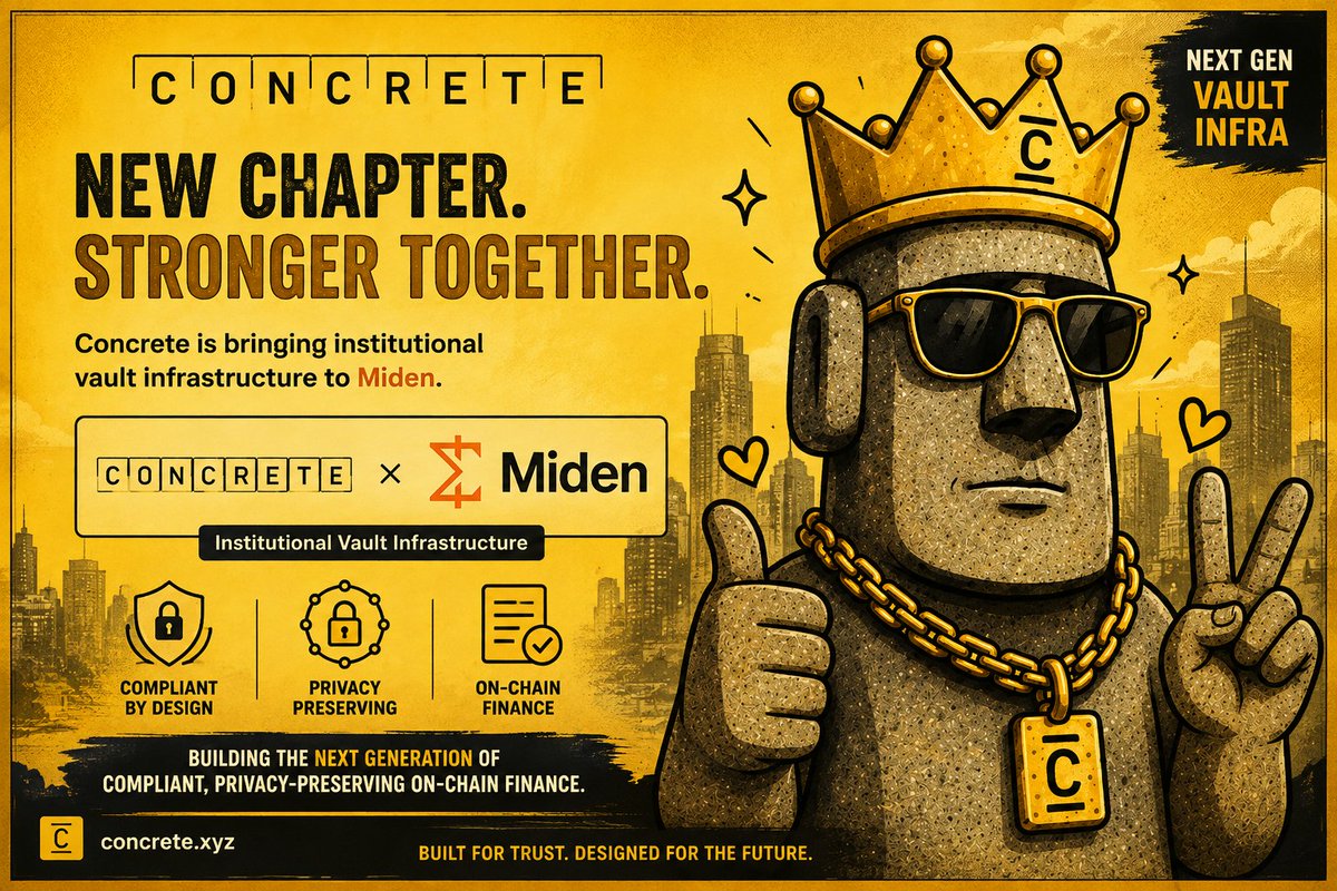 phedranico's tweet photo. Gmcrete || @ConcreteXYZ
Big congratulations to Concrete × Miden on this exciting new chapter!
Bringing institutional vault infrastructure to Miden is a strong step toward building compliant, privacy-preserving on-chain finance.
#Concrete #Miden #OnchainFinance #DeFi #Web3 https://t.co/NBREmdzyii