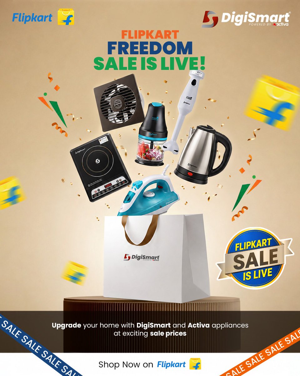 DigiSmartElect's tweet photo. The Flipkart Freedom Sale is LIVE NOW! 🛍️

It’s time to upgrade your home with DigiSmart &amp; Activa appliances at exciting deals. Shop now and make the most of the Freedom Sale! ✨

#FlipkartFreedomSale #DigiSmart #Activa #FreedomSale #ShopNow https://t.co/RuKI446mOg