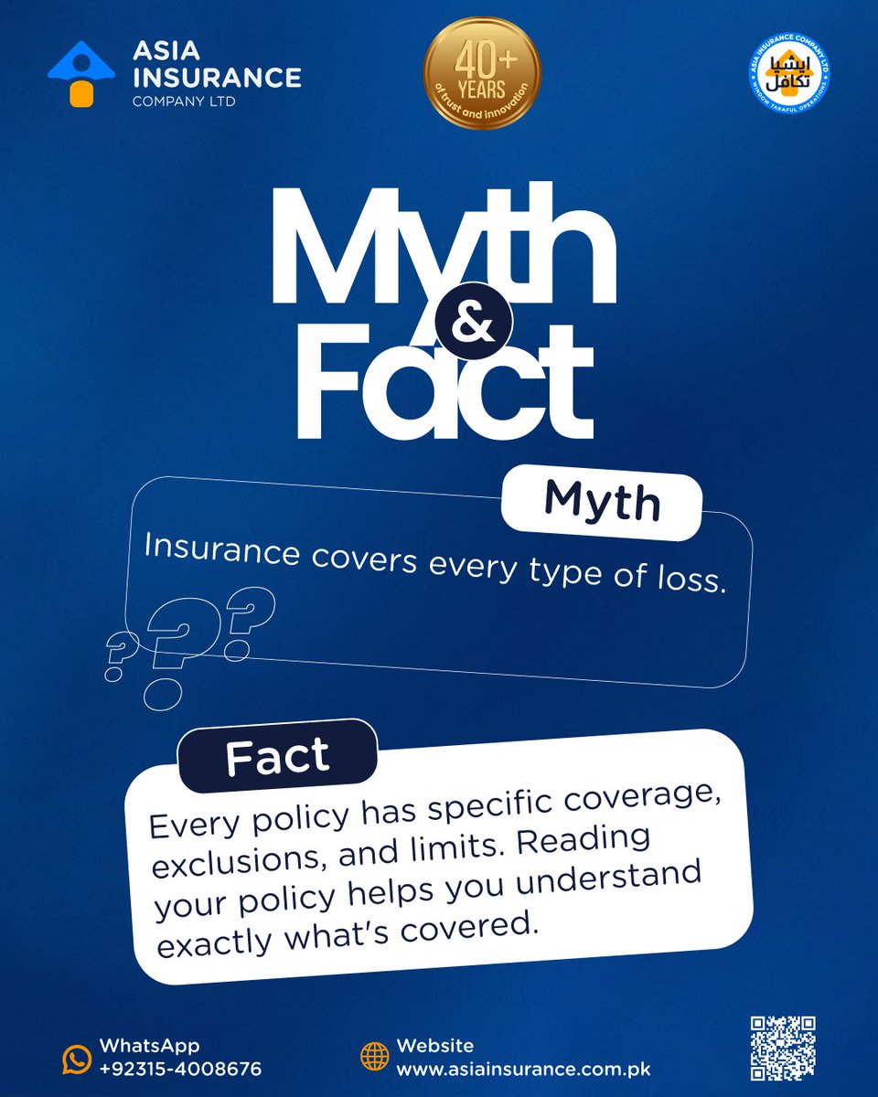 AsiaInsuranceP's tweet photo. ๐ก๏ธ MYTH or FACT?
MYTH: Insurance covers every type of loss.
FACT: Every policy has specific coverage, exclusions & limits.
Know your coverage. Know your protection.
๐ Visit: https://t.co/orPqeveDU6
#MythVsFact #InsuranceFacts #AsiaInsurance https://t.co/jr721VG4oA