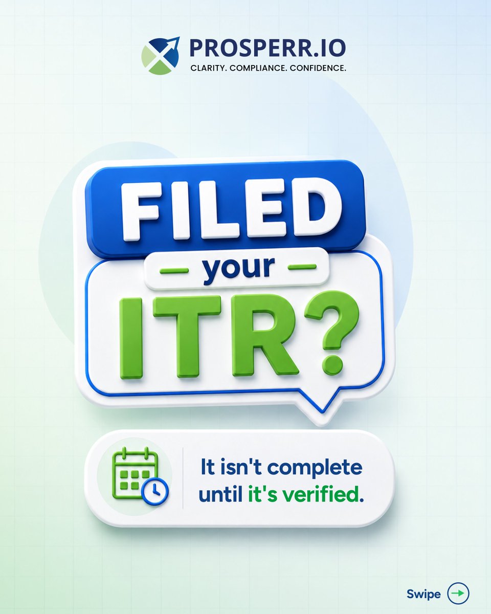 ProsperrOne's tweet photo. Filed your ITR? Now make sure you verify it.

Swipe to understand why verification matters and how to complete it. Need expert guidance? Explore Prosperr: https://t.co/RPfoL6ot5n

#ITR2026 #ITRFiling #IncomeTax #ITR https://t.co/B1a8cWmWf5