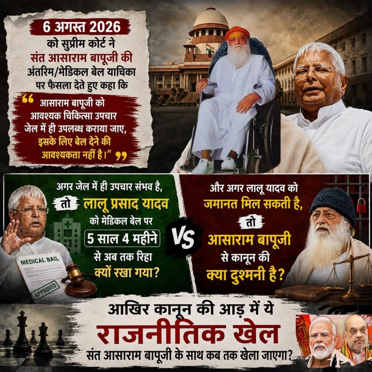 _ISupportBapuji's tweet photo. No.317

जेल में इलाज संभव है तो लालू यादव को मेडिकल बेल क्यों,आसाराम बापू को क्यों नही?

सुप्रीम कोर्ट ने 6 अगस्त को कहा कि बापू का इलाज जेल में ही संभव है।

तो लालू यादव को बेल और बापू को नहीं—यह दोहरा मापदंड क्यों?

➡️पूरी पोस्ट पढ़ें⤵️
https://t.co/r5Cdj1naB0

@AshwiniUpadhyay https://t.co/fOrApAFSvX