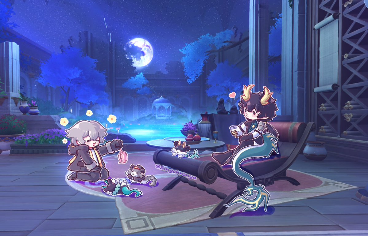 Singchronya's tweet photo. A little hideout~ I was looking for chests in HSR and this spot inspired me, Dan Heng reading and Caelus playing. At first, they were going to be kittens, but I ended up drawing chimeras instead ≽(•⩊ •マ≼

I love that duo ♡

#DanHeng #丹恒 #Caelus #穹 #Dancae #丹穹 https://t.co/bVtlsRyXE9