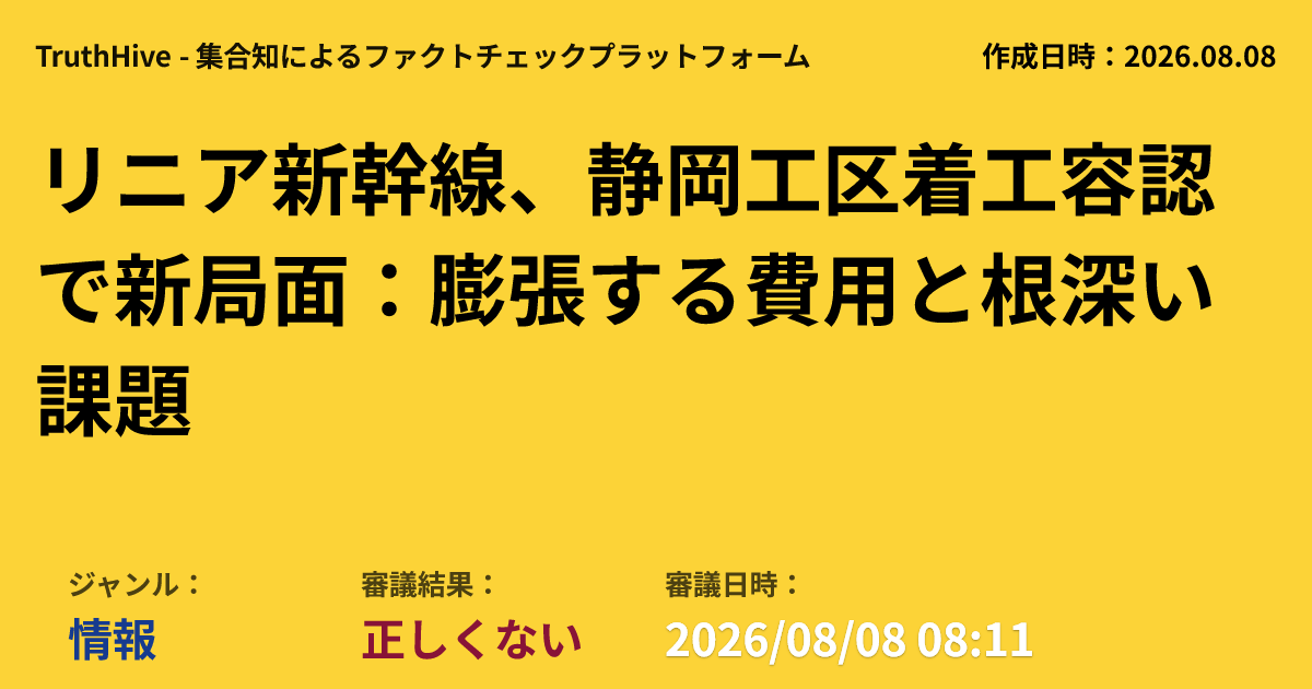 truth_hive's tweet photo. リニア静岡工区着工容認、費用11兆円に膨張
静岡県知事交代で着工は進むも、開業は最短2036年以降に。
水資源や環境への懸念、そして増え続ける費用に多角的な評価が求められます。

・リニア中央新幹線の総工費は当初の約2倍となる11兆円に膨張し、開業は最短2036年以降に大幅遅延する見通しです。
・JR東海と国交省は災害リスク対策と経済効果を強調する一方、批判側は水資源への影響や過去の工事トラブルを指摘しています。
・静岡工区は着工が容認され、自然環境保全協定も締結されましたが、発生土処理など構造的課題は依然として残ります。

[ジャンル: 情報] [状態: 正しくない] [日時: 2026/08/08 08:11]
👇 詳細・参加
