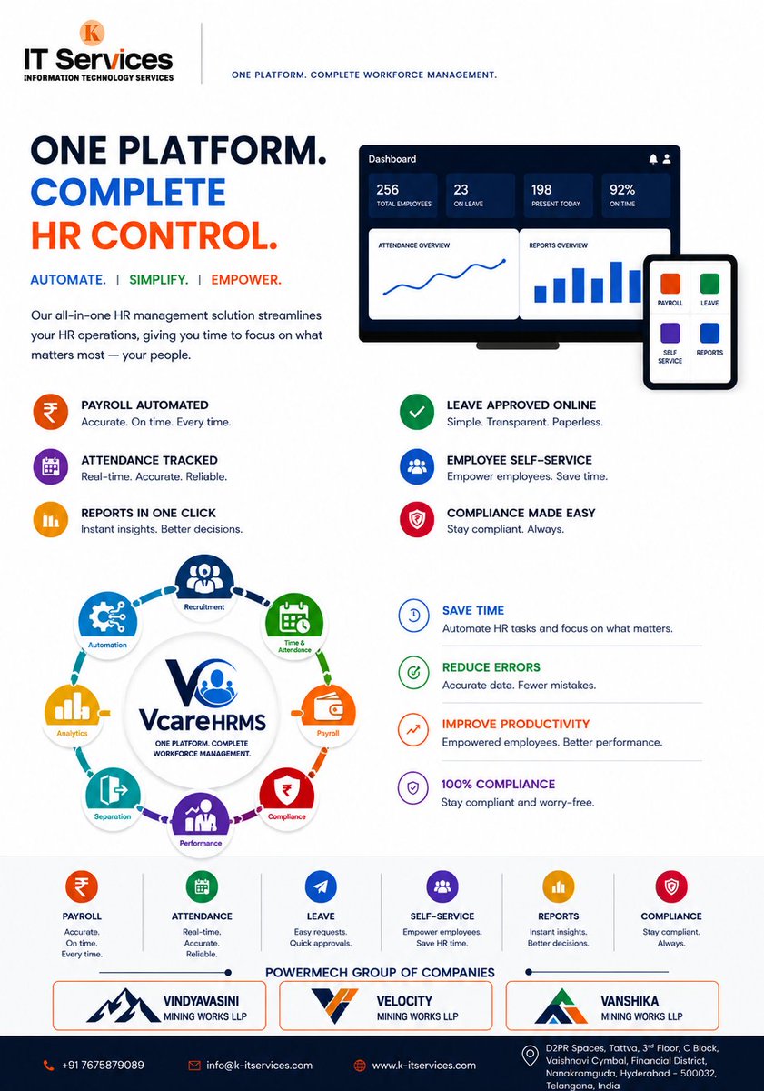 KITSERVICESS's tweet photo. Transform the way you manage your workforce with VCareHRMS.
From Recruitment and Attendance to Payroll,Compliance,Performance and Analytics-everything you need is available on one integrated platform.#VCareHRMS #HRMS  #Payroll #Automation #DigitalTransformation #BusinessSolutions https://t.co/guVHS1gQq0
