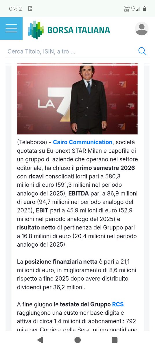 OperazDelleAlpi's tweet photo. Crolla #cairoCommunication nel 1semestre 2026.
Ricavi, EBITDA, EBIT.
Utile addirittura a -18%.
Sta finendo la festa per #urbanetto.
https://t.co/HwsErn3UUw https://t.co/CMYgDkIAfT