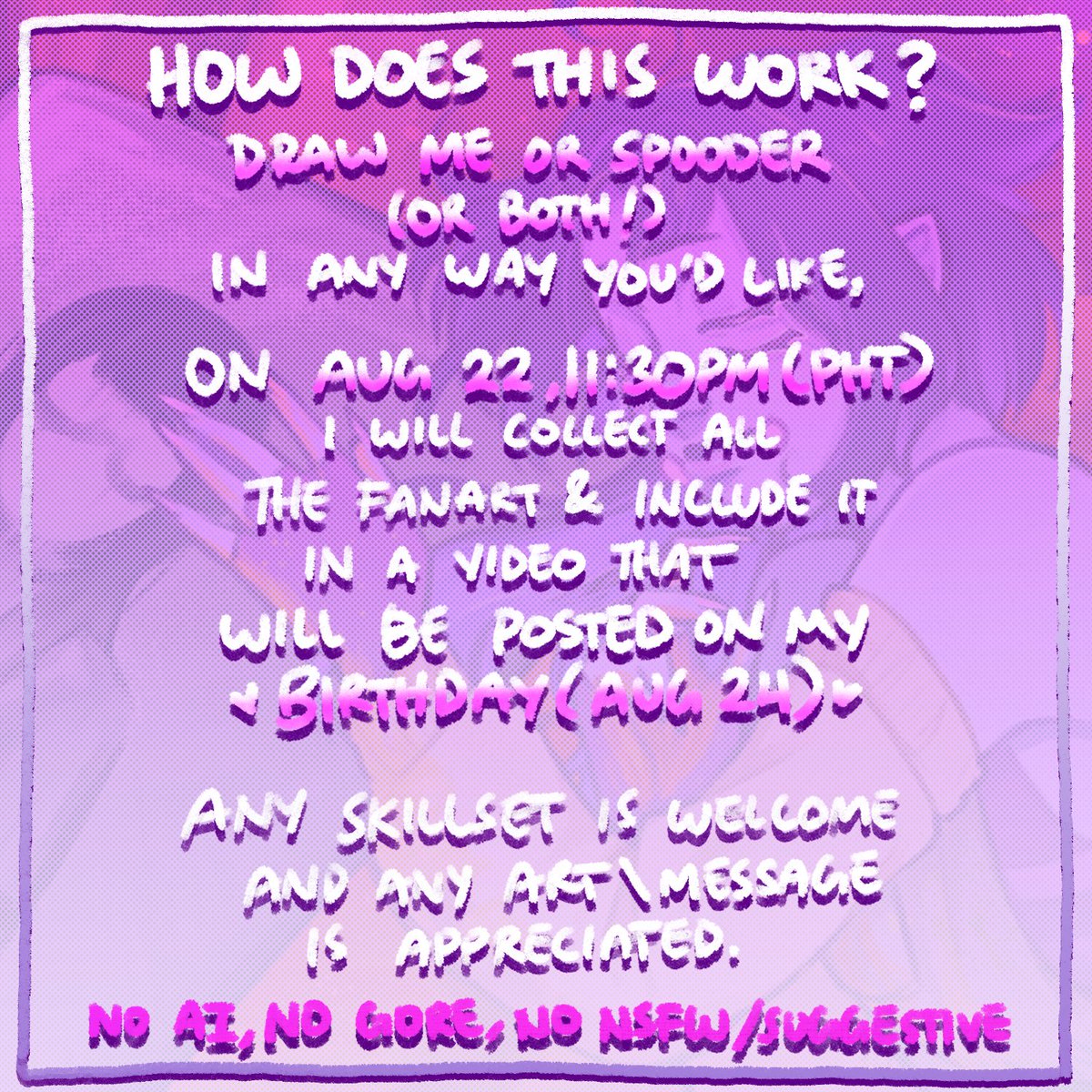 puppyspooder's tweet photo. Hallo everywan… here it is… my little birthday project!
DRAW THEM IN YOUR ARTSTYLE 💜
info should be clear in the card but I'll leave refs &amp; more info below in the replies.

but basically, comment fanart under this post or just @ me and it'll be in a video I'm making!💜🕸️ https://t.co/UFkuOQg1vT