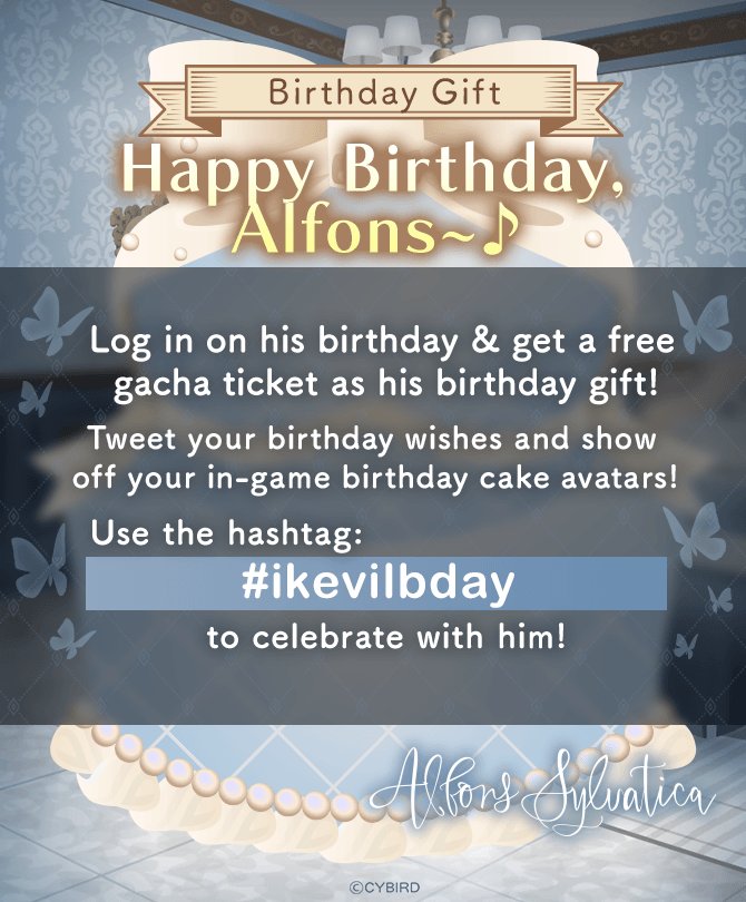 ikevil_en's tweet photo. 🪞Happy Birthday, Alfons!🪞

Login TODAY to get a free gacha ticket as a gift for his birthday!

Plus, tag your Alfons art &amp; bday wishes with #ikevilbday! 🎉 https://t.co/fTdbIekdQb