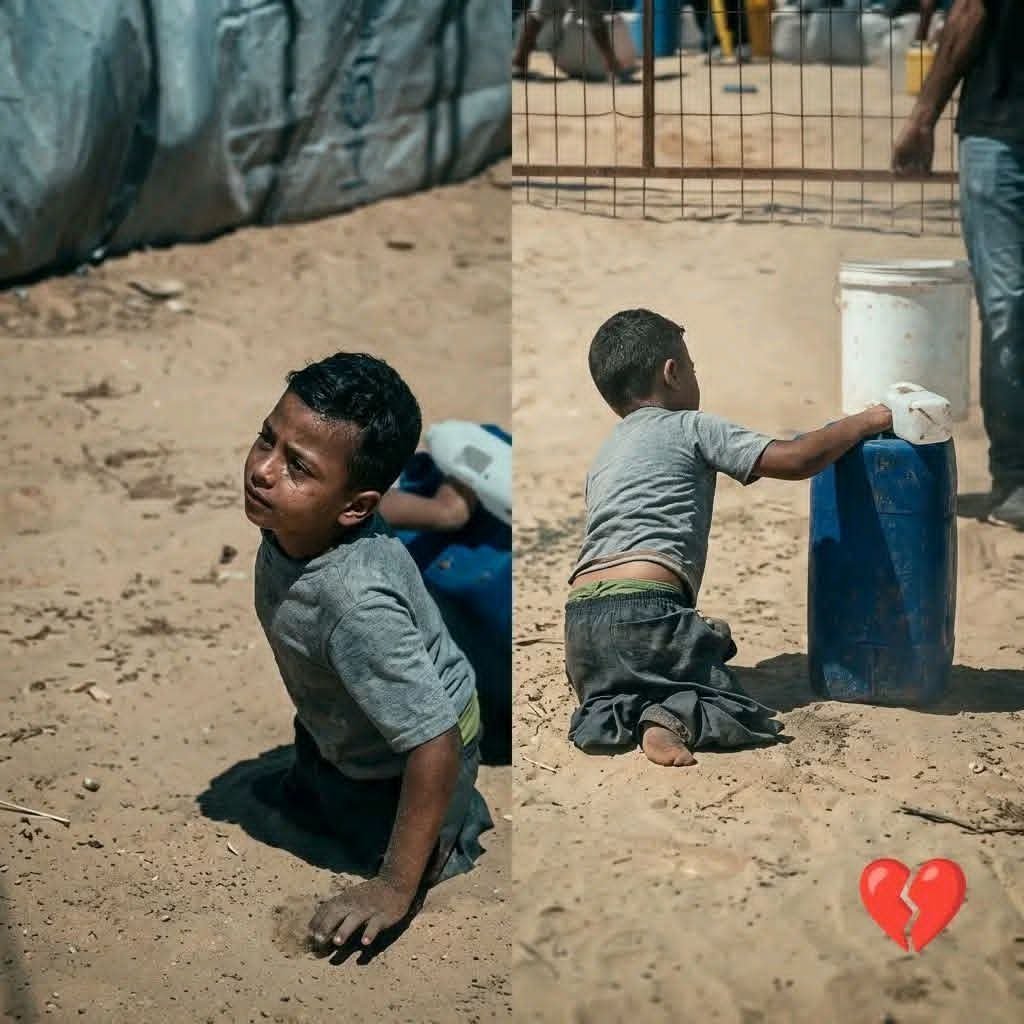 ROSiE3YOUSEF8's tweet photo. Here, a child in Gaza crawls across the scorching ground to reach water, while the simplest needs of childhood have become an arduous journey. A child who lost his legs, yet still searches for something he should never have been deprived of: a drop of water. 💔 https://t.co/9WeBoFR9Xx