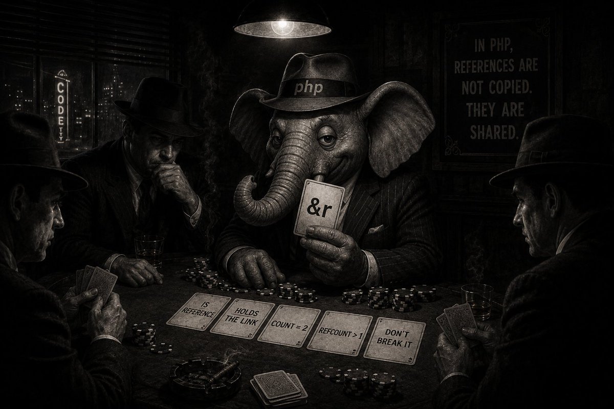 Edmondif143061's tweet photo. #php #references #crasy

What do you think this code will output?
$a = ['x' => 1];
$r = &$a['x'];
// unset($r);
$b = $a; // $b['x'] = 3?

And what happens if we uncomment unset($r)?
In this code, the value of $b['x'] depends on whether unset($r) is executed. In one case, $b['x'] becomes 3; in the other, it remains 1. The important thing is not to mix them up.

Why?
Because $r = &$a['x']; modifies the array by creating a hidden IS_REFERENCE wrapper. From that point on, copies of the array inherit that reference.
However, once the reference's refcount drops to one, it is lazily dereferenced. After that, copies of the array behave as they normally would.